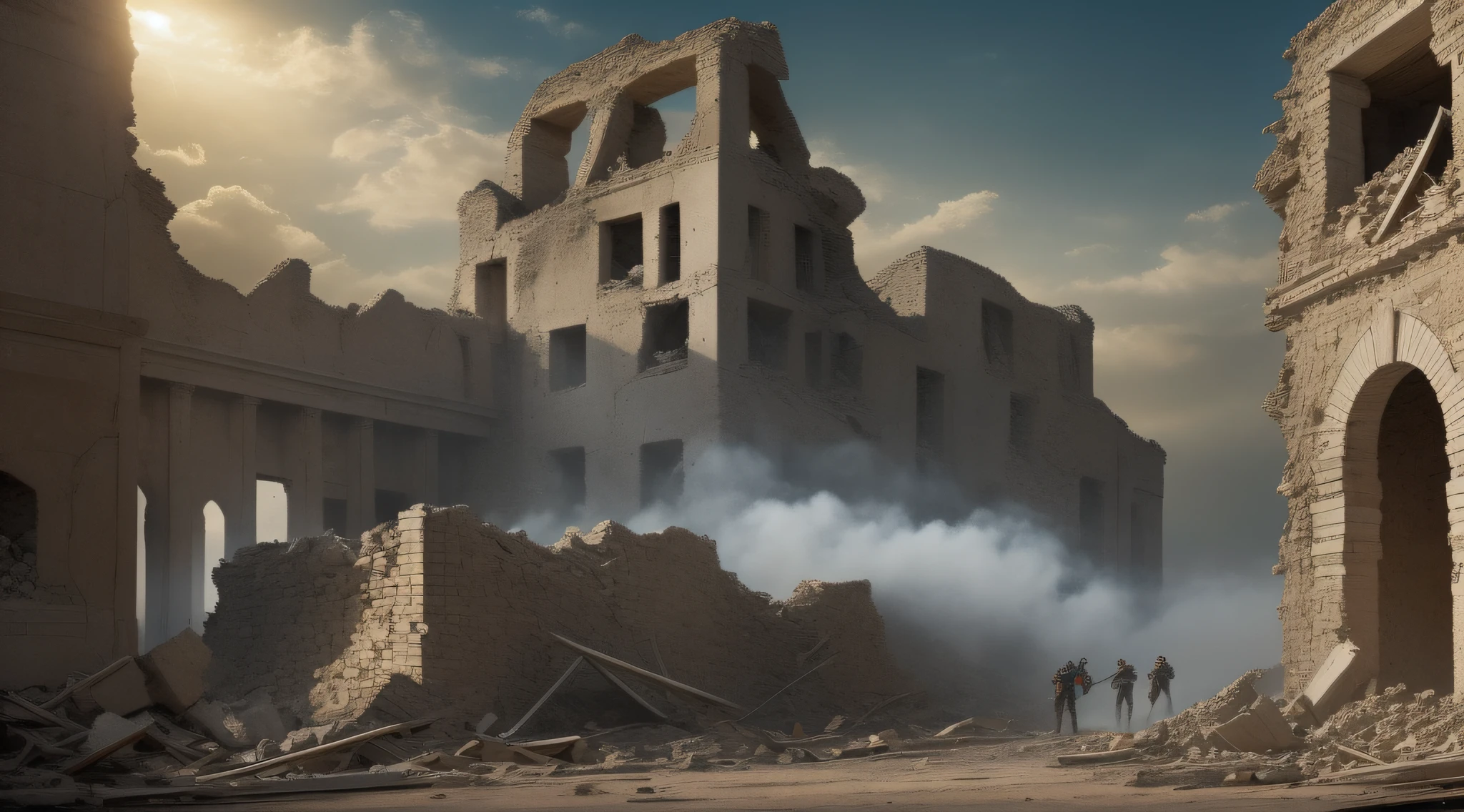 Immerse yourself in the fall of the walls of Jericho—a pivotal moment frozen in time. The once impenetrable walls now lay in ruins, symbolizing the triumph of persistence over seemingly insurmountable obstacles. Dust clouds fill the air, adding a sense of movement and chaos to the scene. Warriors stand tall amidst the rubble, their expressions a mix of exhaustion and victory. The lighting creates dramatic contrasts, emphasizing the stark beauty of destruction. Photo taken by Yousuf Karsh with a Sony A9 and a telephoto lens. Award-winning photography style, capturing the raw emotions and historical significance. Dynamic lighting enhances the intensity of the moment. 8K, Ultra-HD, Super-Resolution. --v 5 --q 2
