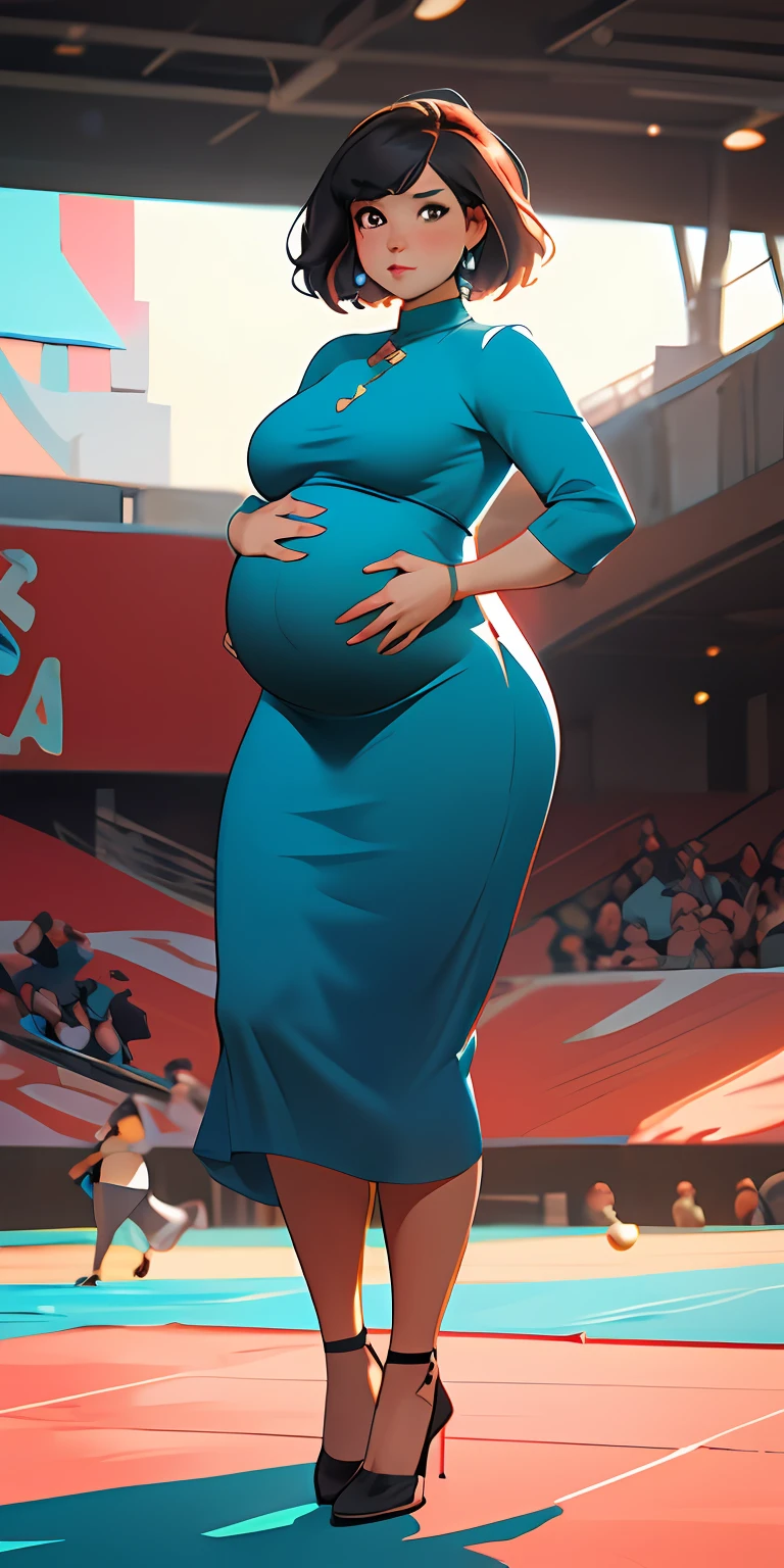 (best quality, masterpiece) 1girl, looking at viewer, blurry background, upper body, contemporary, tight dress, blue dress, Chubby Belly (round belly) (bouncy belly) (heavy belly) (obese belly) (pregnant)