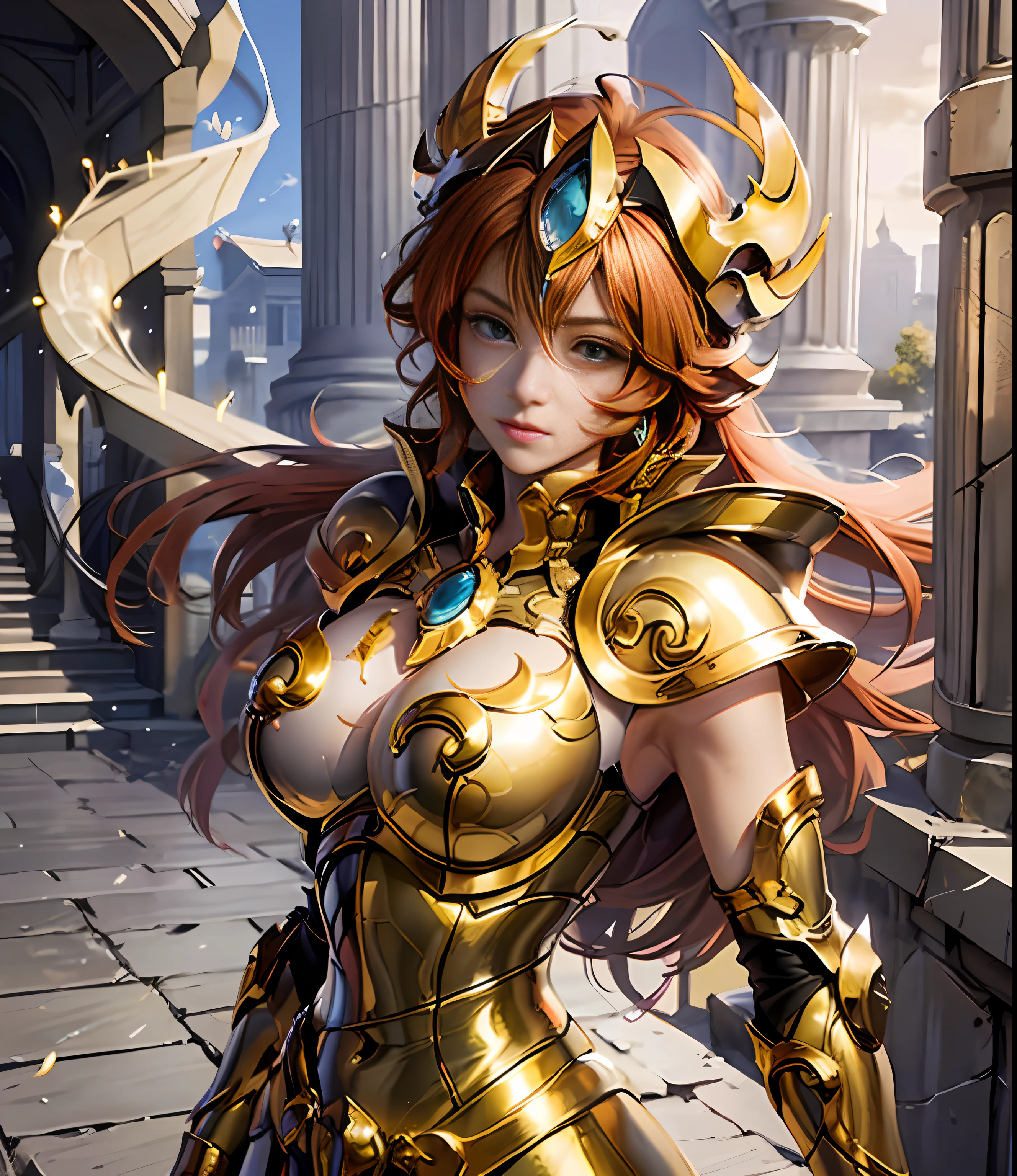 (masterpiece), (best quality), (1girl), REDHEAD girl in golden armor, WALKING, SANCTUARY OF ATHENA, saint seiya armor, messy hair