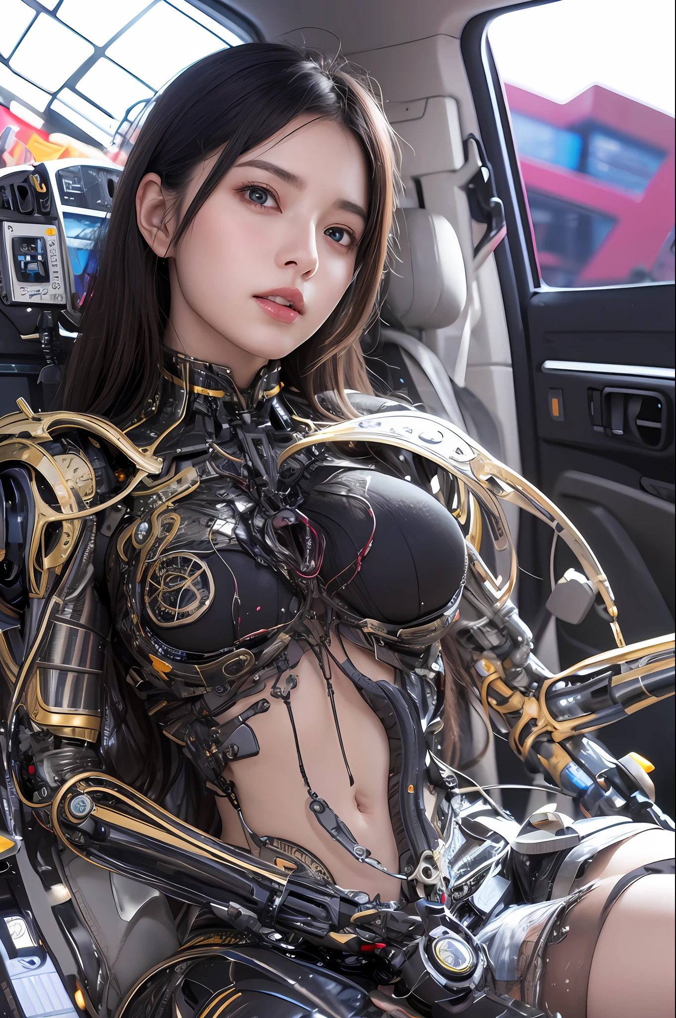 Top Quality, Masterpiece, Ultra High Resolution, (Photorealistic: 1.4), Raw Photo, 1 Girl, Black Hair, Glossy Skin, 1 Mechanical Girl, (Ultra Realistic Details)), Portrait, Global Illumination, Shadows, Octane Rendering, 8K, Ultra Sharp, Glossy Skin, Realistic Skin, Big, Cleavage Exposed Raw Skin, Metal, Intricate Ornaments Details, Egyptian details, very intricate details, realistic light, CGSoation trend, purple eyes, glowing eyes, facing the camera, neon details, mechanical limbs, blood vessels connected to tubes, mechanical vertebrae attached to the back, mechanical cervical attachment to the neck, sitting, wires and cables connecting to the head, evangelion, small LED lamp, Background is the cockpit of a futuristic spaceship