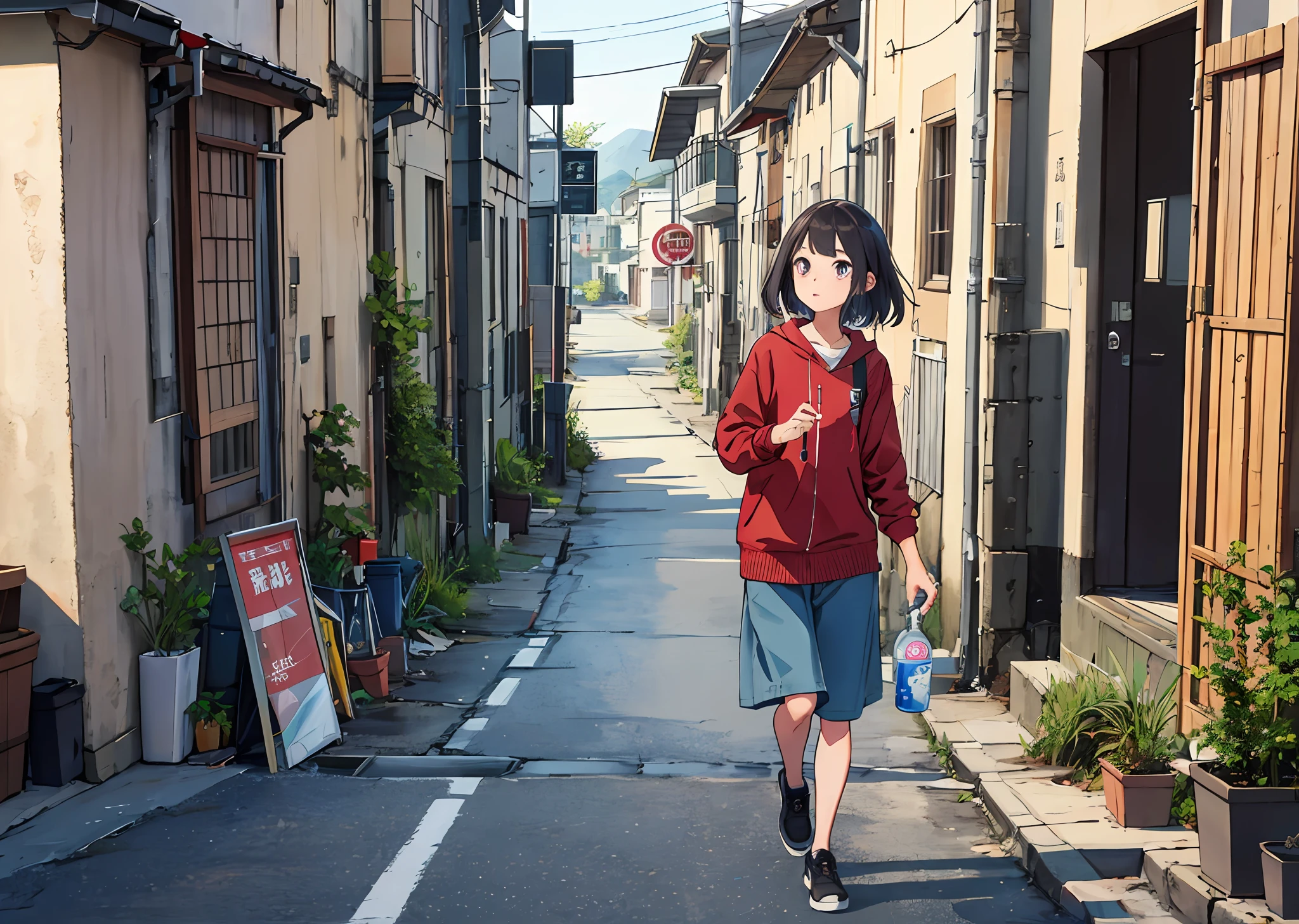1Girl, walking, on the side of the road, giving water to drink