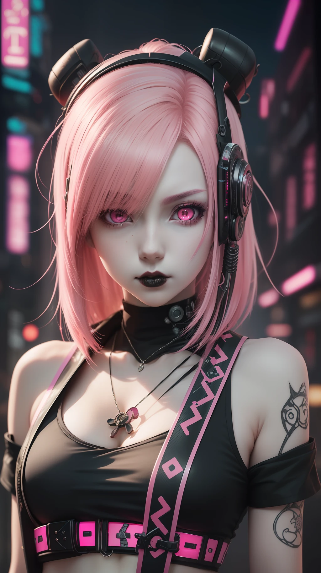 ((8K quality)) + ((pink hair)) + ((cyberpunk)) + (samurai) + (woman) + ((pink eyes)) + (pink glowing katana) + (sci-fi) + (((pale skin))) + ((((anime style)))) + (goth) + (edgy) + (evil)