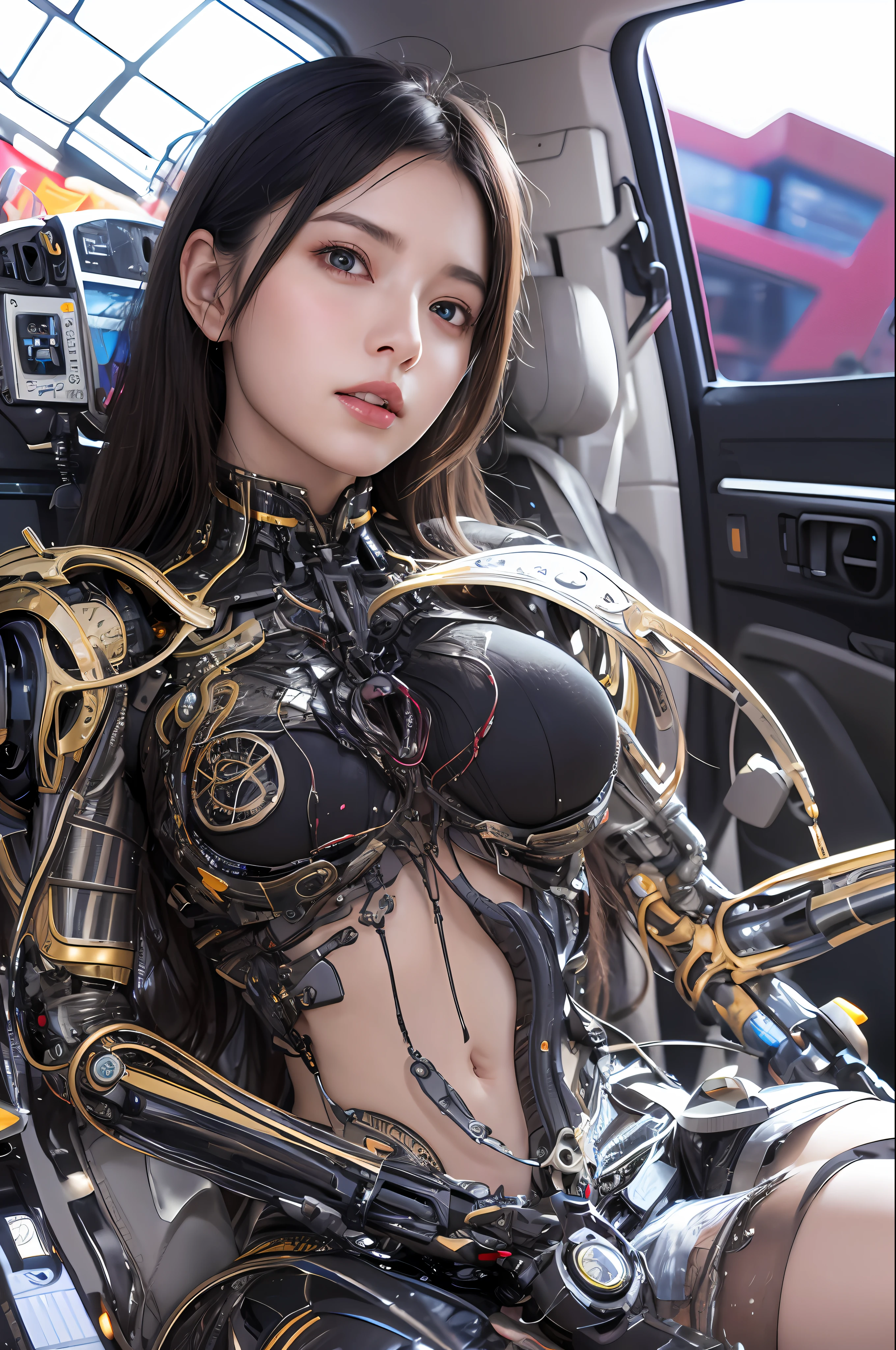 Top Quality, Masterpiece, Ultra High Resolution, (Photorealistic: 1.4), Raw Photo, 1 Girl, Black Hair, Glossy Skin, 1 Mechanical Girl, (Ultra Realistic Details)), Portrait, Global Illumination, Shadows, Octane Rendering, 8K, Ultra Sharp, Glossy Skin, Realistic Skin, Big, Cleavage Exposed Raw Skin, Metal, Intricate Ornaments Details, Egyptian details, very intricate details, realistic light, CGSoation trend, purple eyes, glowing eyes, facing the camera, neon details, mechanical limbs, blood vessels connected to tubes, mechanical vertebrae attached to the back, mechanical cervical attachment to the neck, sitting, wires and cables connecting to the head, evangelion, small LED lamp, Background is the cockpit of a futuristic spaceship