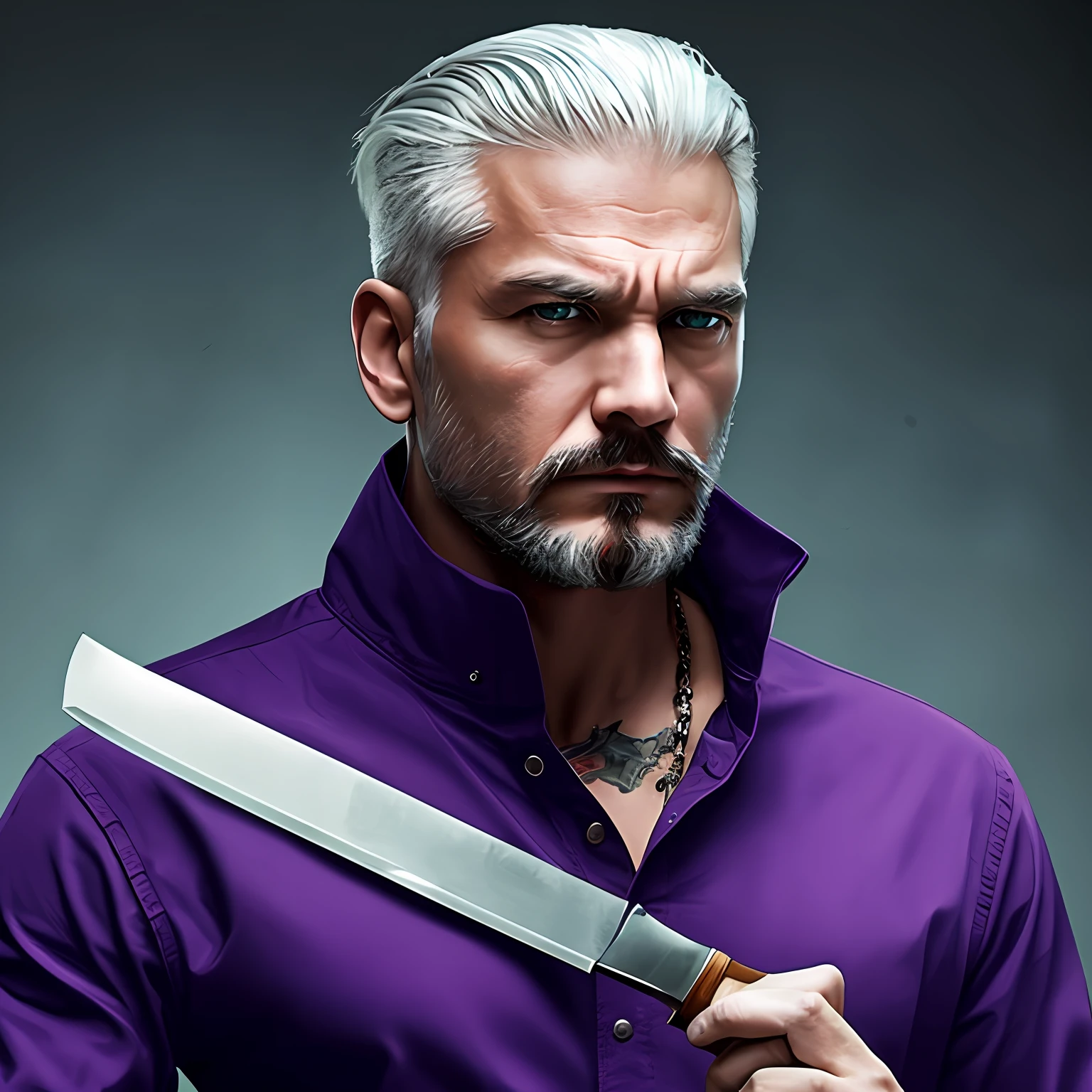 A mysterious-looking man, silver-haired, wearing purple clothes and with a piercing gaze, holding tightly to a gleaming knife, in a gloomy environment full of suspense. --auto