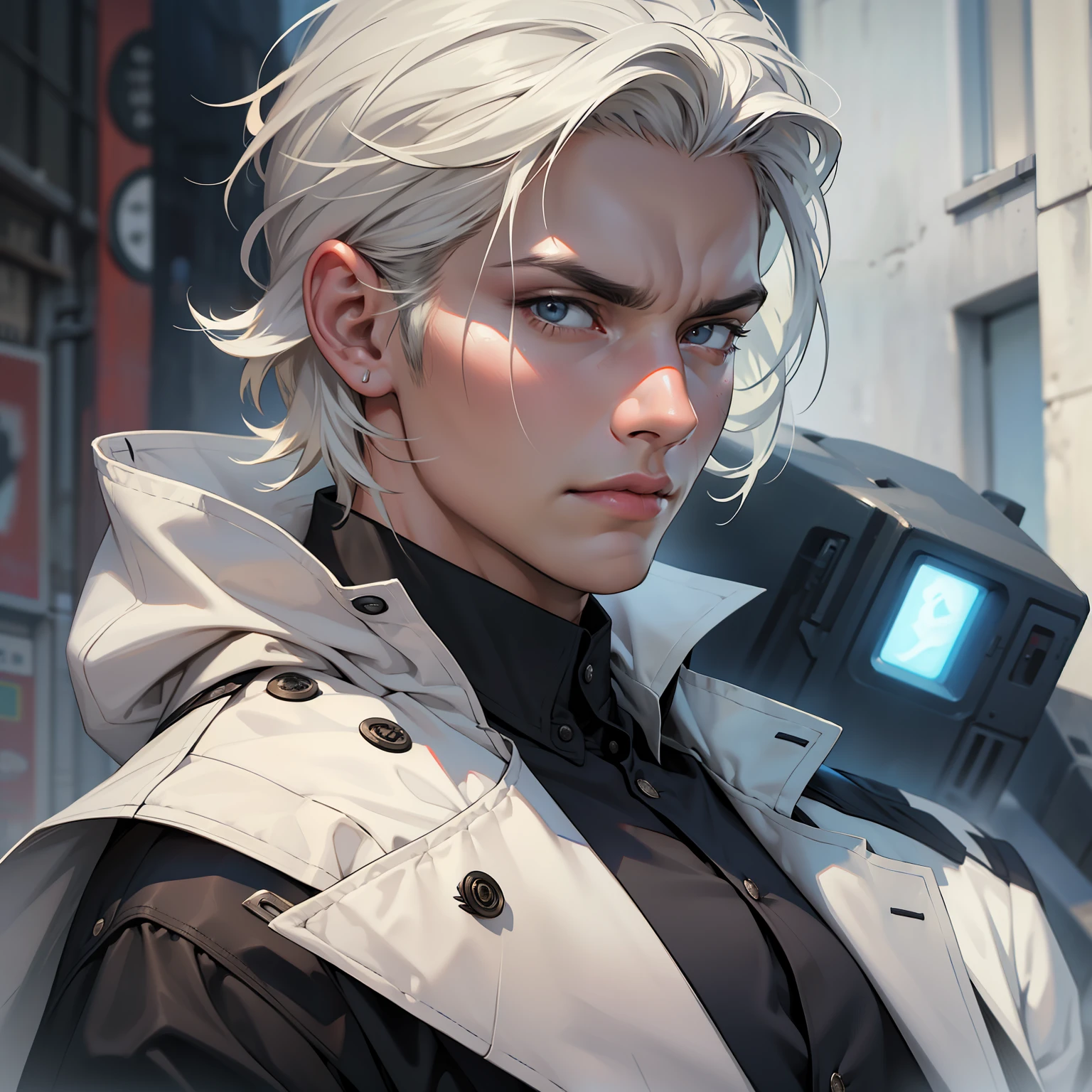 ((realistic: 1.5)),((best quality)), ((masterpiece)),((detailed)), man, young, with short white hair, black dress coat, focus on face, serious look
