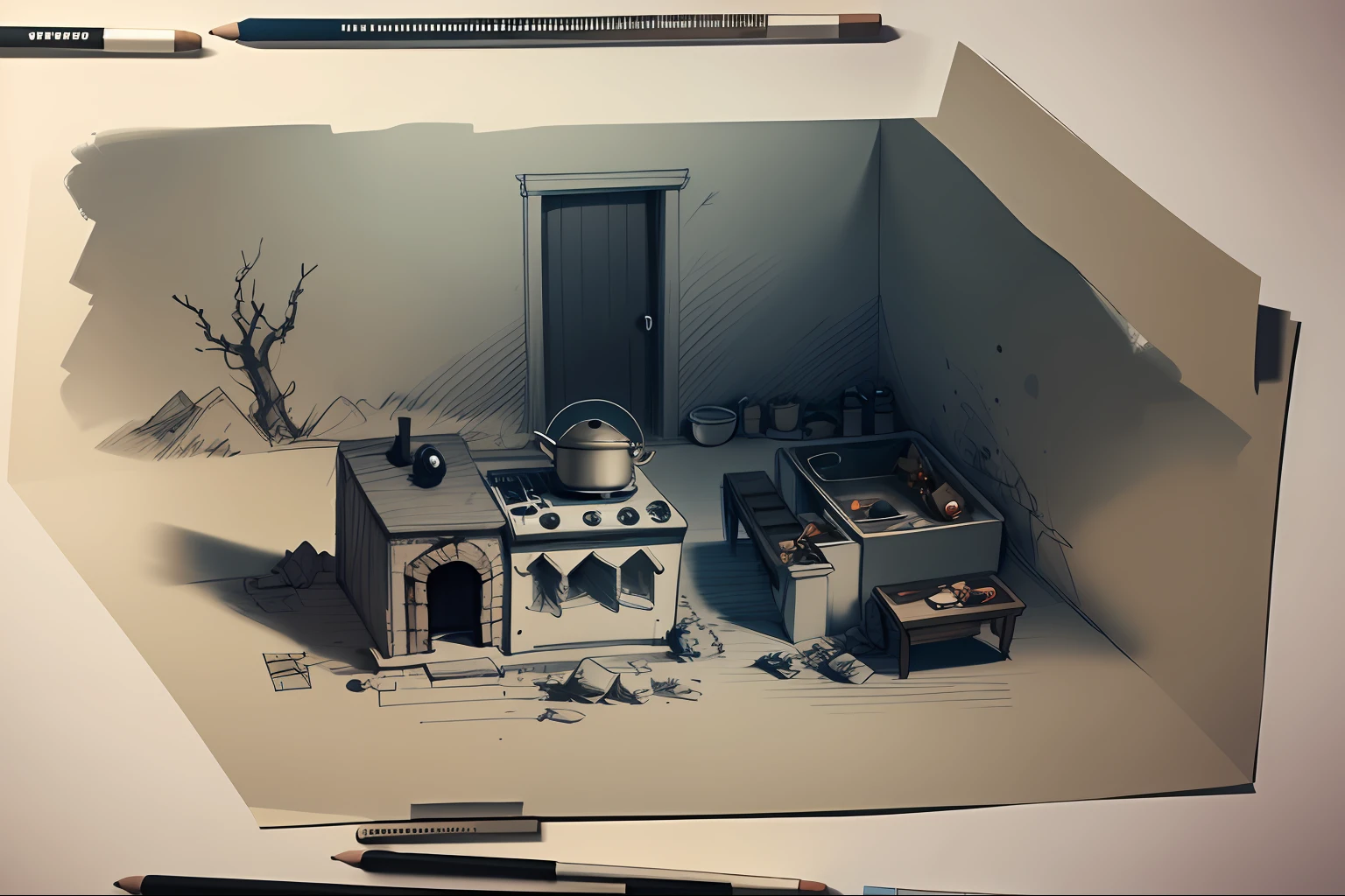 drawing of a sketch of a kitchen with a stove and a table, concept drawing, rough sketch, drawn on paper, detailed but rough, a sketch, sketch - up, concept sketch, concept art!!, set design, monochrome drawing, court drawing, concept art sketch, interior of a small room, line sketch, concept art!, old sketch, dnd setting!
