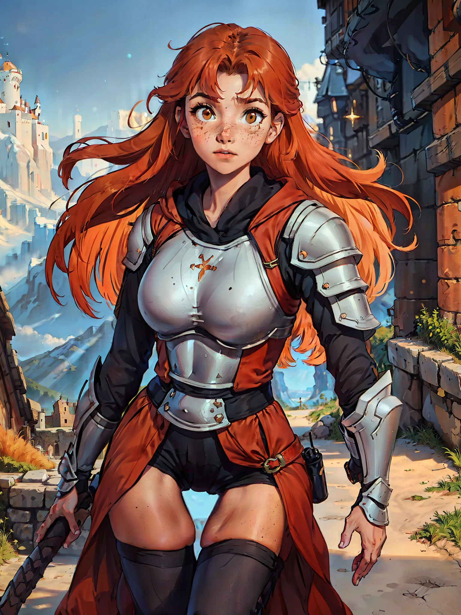 A young red-haired age woman with orange hair and brown eyes, she has some freckles and a look of courage, thigh gap, she is a warrior wearing powerful magical armor for a medieval RPG, the background filled with magic and magical lights, contour lights and cinematic lights in a mountain fortress.
