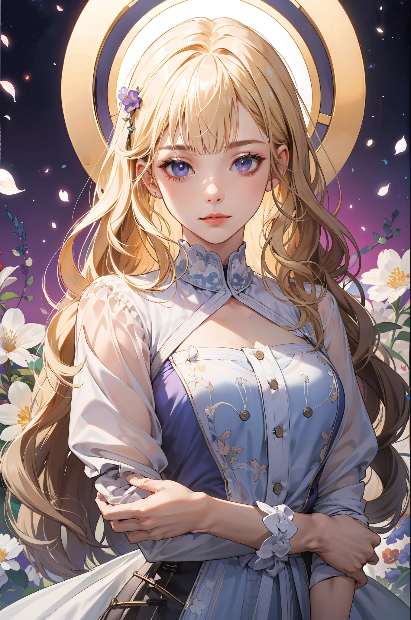 (absurdres, highres, ultra detailed), 1girl, mature female, wavy blonde hair, long hair, blunt bangs, purple violet eyes, white dress, finely detailed eyes and detailed face, extremely detailed CG unity 8k wallpaper, intricate details, BREAK , kaleidoscopic imagery, symmetrical patterns, vibrant colors, geometric shapes, mesmerizing designs, optical illusions, dynamic composition BREAK , pantomime art, expressive body language, silent storytelling, evocative gestures, visual narratives, theatrical performances BREAK , blooming flowers, colorful petals, fragrant scents, nature's bounty, vibrant gardens, peaceful scenery