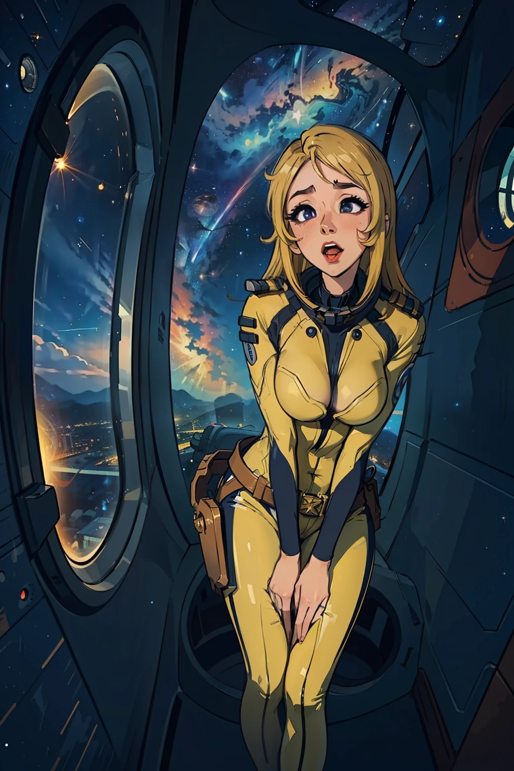 (masterpiece, best quality:1.2), (cowboy shot:1.1), solo, 1girl, mori yuki, slight smile, closed mouth, (ahegao:1.5) looking at viewer, blonde hair, thigh gap, leaning forward, yellow bodysuit, skin tight, belt, large window, (starship porthole:1.3), from front, (spread legs:1.3), (standing:1.1), starship interior, (outer space view:1.1), (orbital view:1.3), (night, stary sky:1.5), milky way