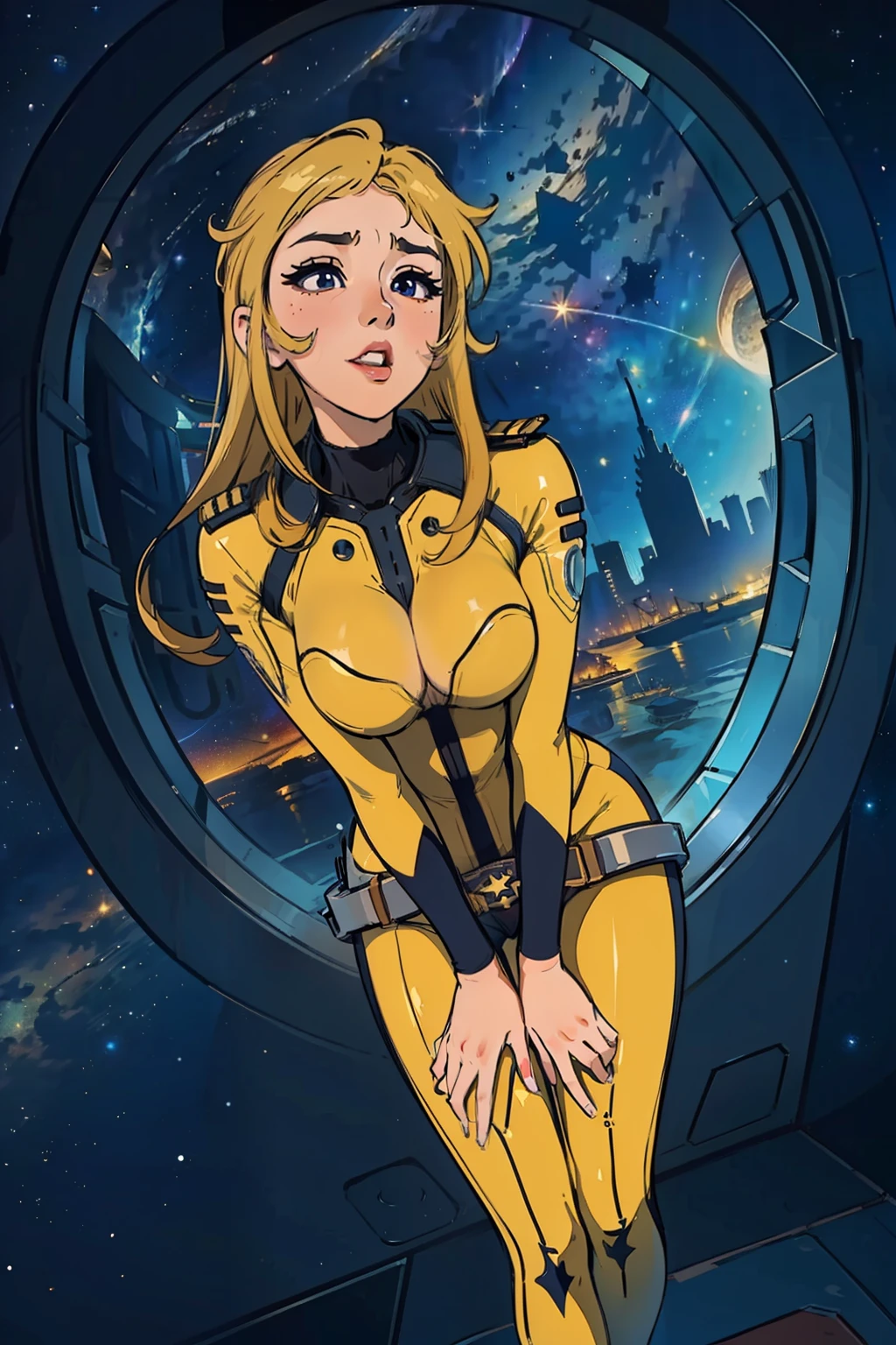 (masterpiece, best quality:1.2), (cowboy shot:1.1), solo, 1girl, mori yuki, slight smile, closed mouth, (ahegao:1.5) looking at viewer, blonde hair, thigh gap, leaning forward, yellow bodysuit, skin tight, belt, large window, (starship porthole:1.3), from front, (spread legs:1.3), (standing:1.1), starship interior, (outer space view:1.1), (orbital view:1.3), (night, stary sky:1.5), milky way