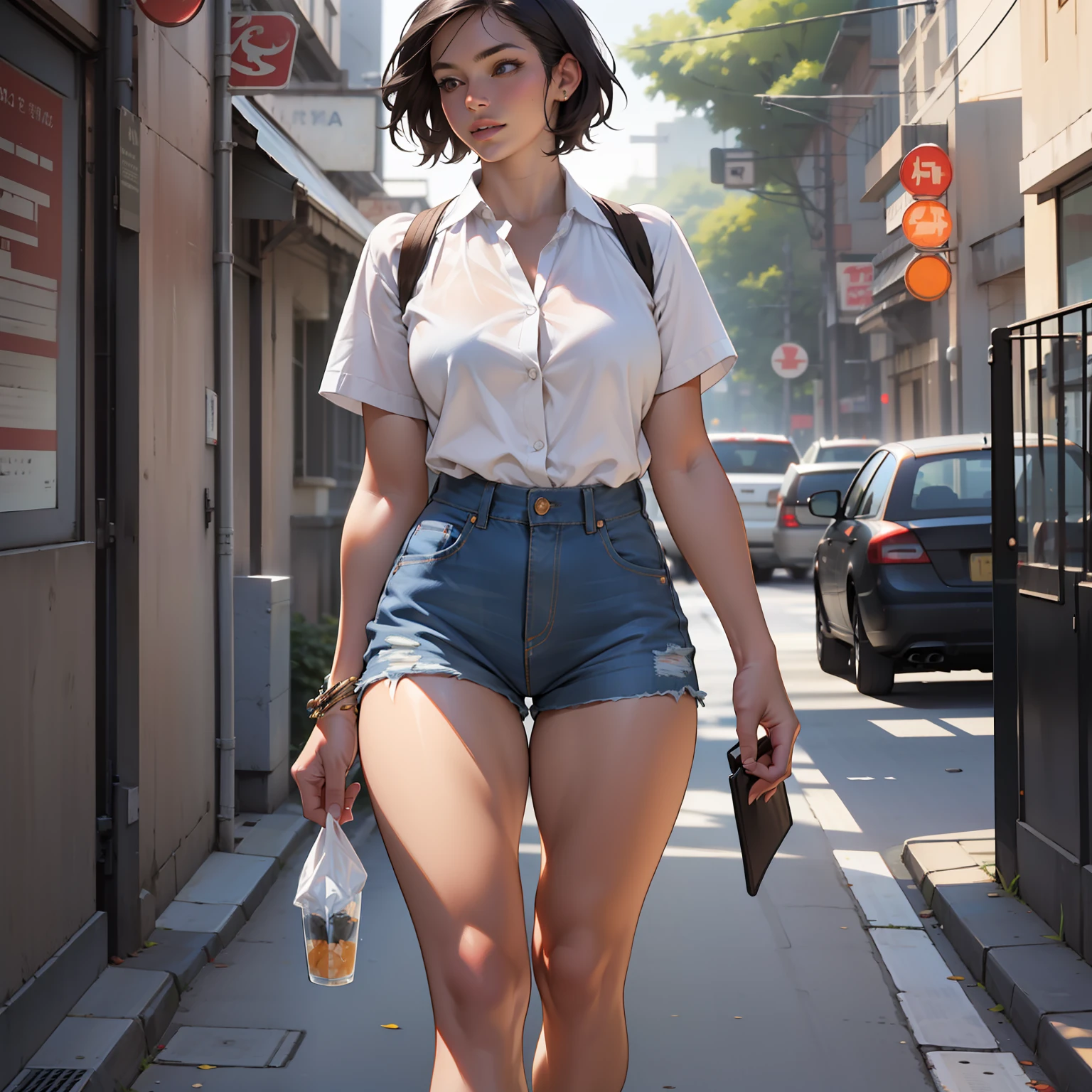 ((realistic: 1.5)),((best quality)), ((masterpiece)),((detailed)), woman, short clothes, short hair, medium breasts, large thighs, jean shorts, white shirt, walking on the street