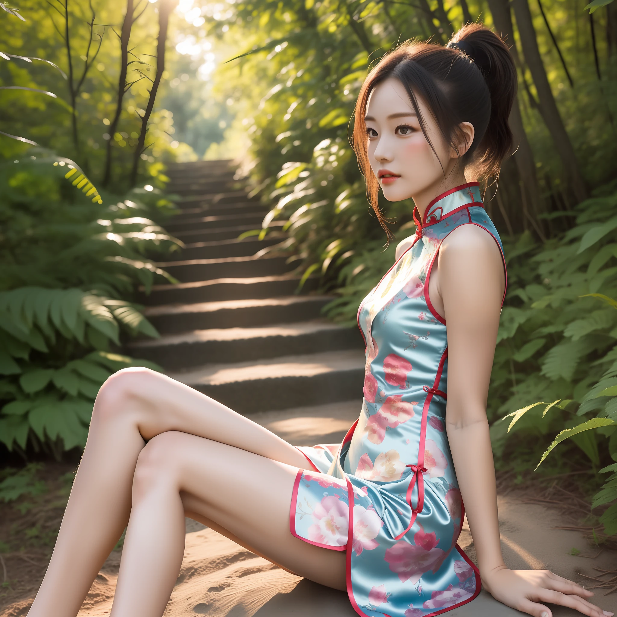 A beauty in a thin sand cheongsam, long legs with white pointed heels, small fresh makeup, single ponytail, sitting on the steps of the woods, weaving pictures of dusk and sunset, close-up of the whole body, facial details --ar 9:16 --beauty