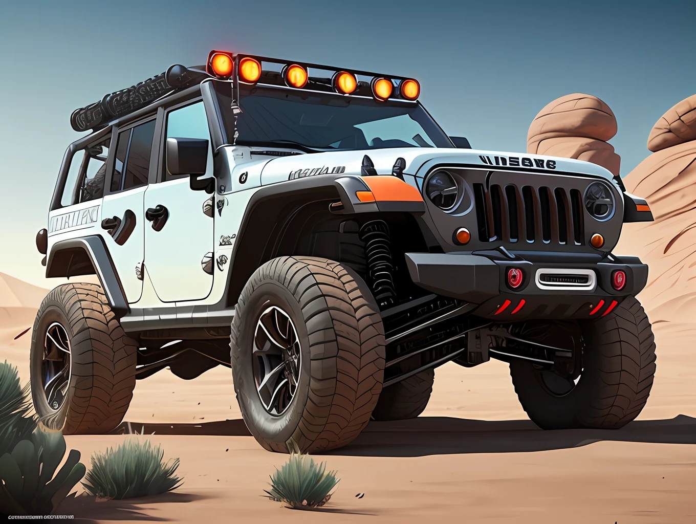 Portrait of a cybernetic jeep on wheels, full body, scenery, ultra realistic desert, concept art, intricate details, strange, highly detailed, photorealistic, octane render, 8 k, unreal engine. Art by Artgerm and Greg Rutkowski,