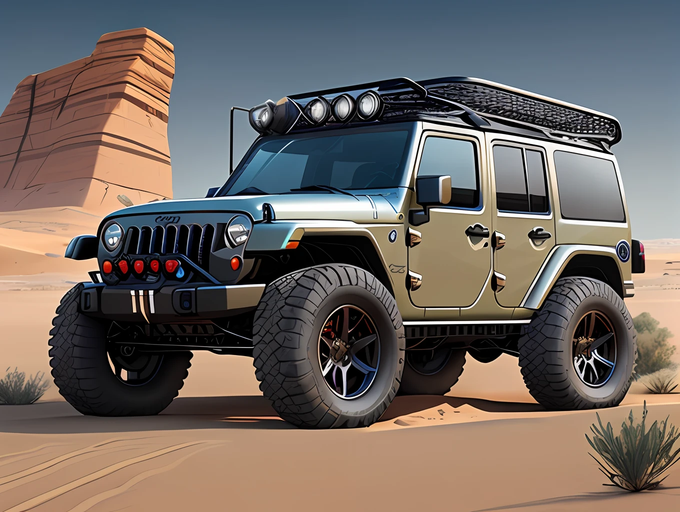 Portrait of a cybernetic jeep on wheels, full body, scenery, ultra realistic desert, concept art, intricate details, strange, highly detailed, photorealistic, octane render, 8 k, unreal engine. Art by Artgerm and Greg Rutkowski,