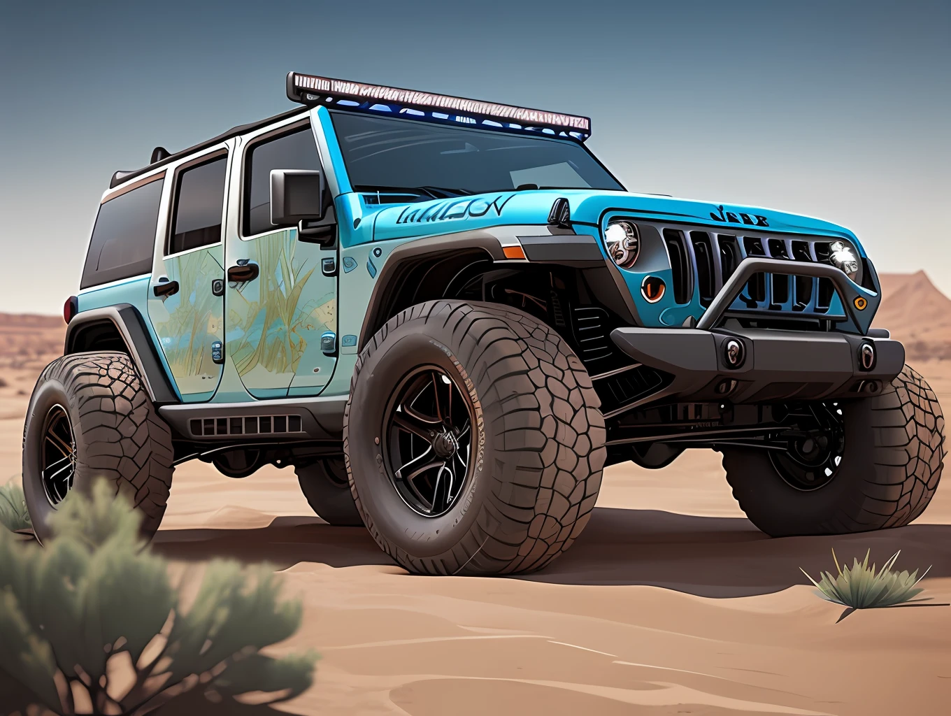 Portrait of a cybernetic jeep on wheels, full body, scenery, ultra realistic desert, concept art, intricate details, strange, highly detailed, photorealistic, octane render, 8 k, unreal engine. Art by Artgerm and Greg Rutkowski,