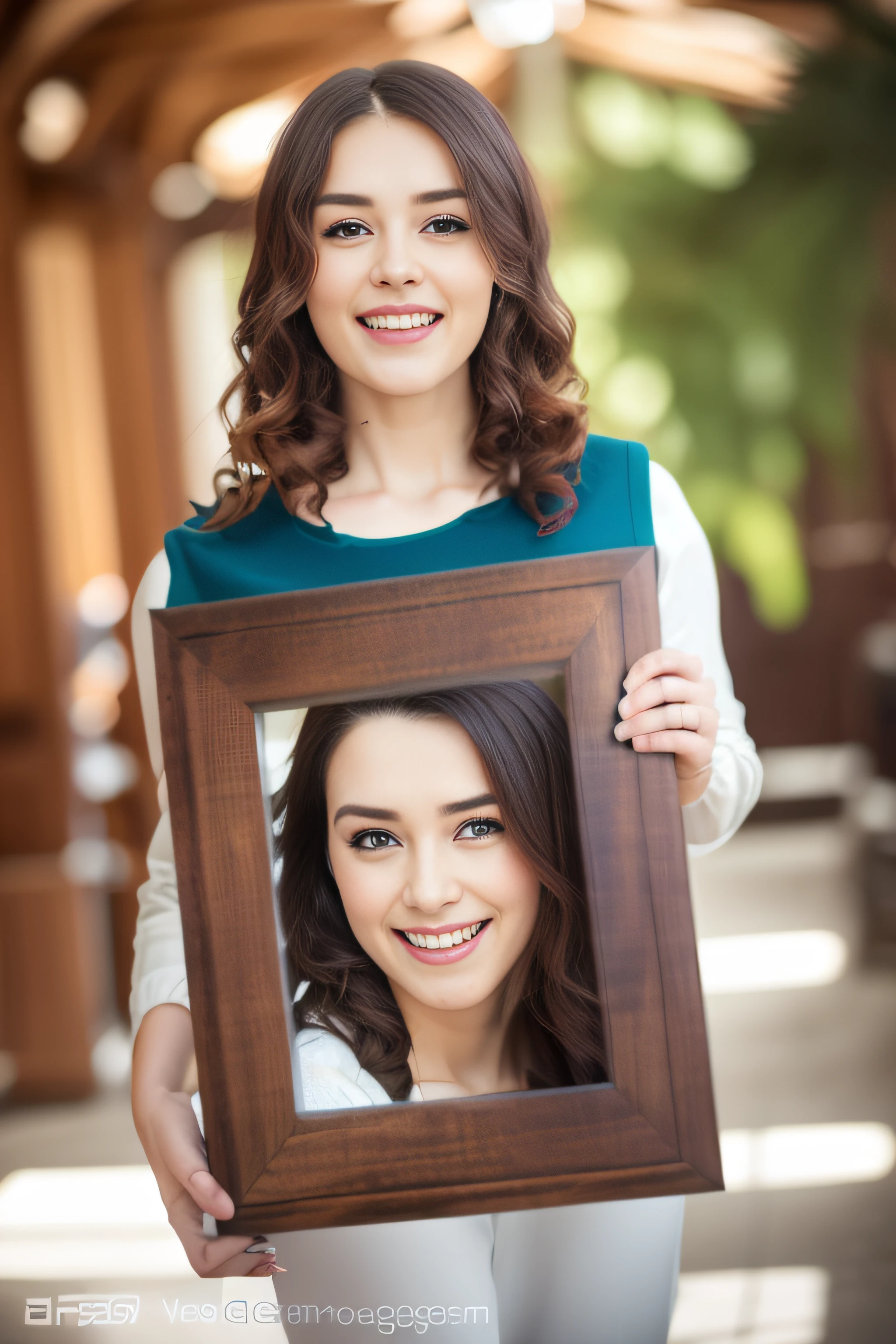 (stunning)) frontal photo of woman, (Christmas tree: 2), (laugh:1.5), epic (photo, studio lighting, hard light, sony A7, 50mm, matte skin, color, ultra-detailed, surreal), ethereal, perfect face, perfect eyes, 4k, well-made girl holding blank photo frame, photo frame, (living room: 1.5), happy, portrait size, high quality portrait, photo shooting, in one frame, her entire head fits in the frame, single portrait, Large portrait, medium length portrait, medium frame portrait, shape picture, perfect framing, photo portrait, wood frame, beautiful wooden frame, full portrait