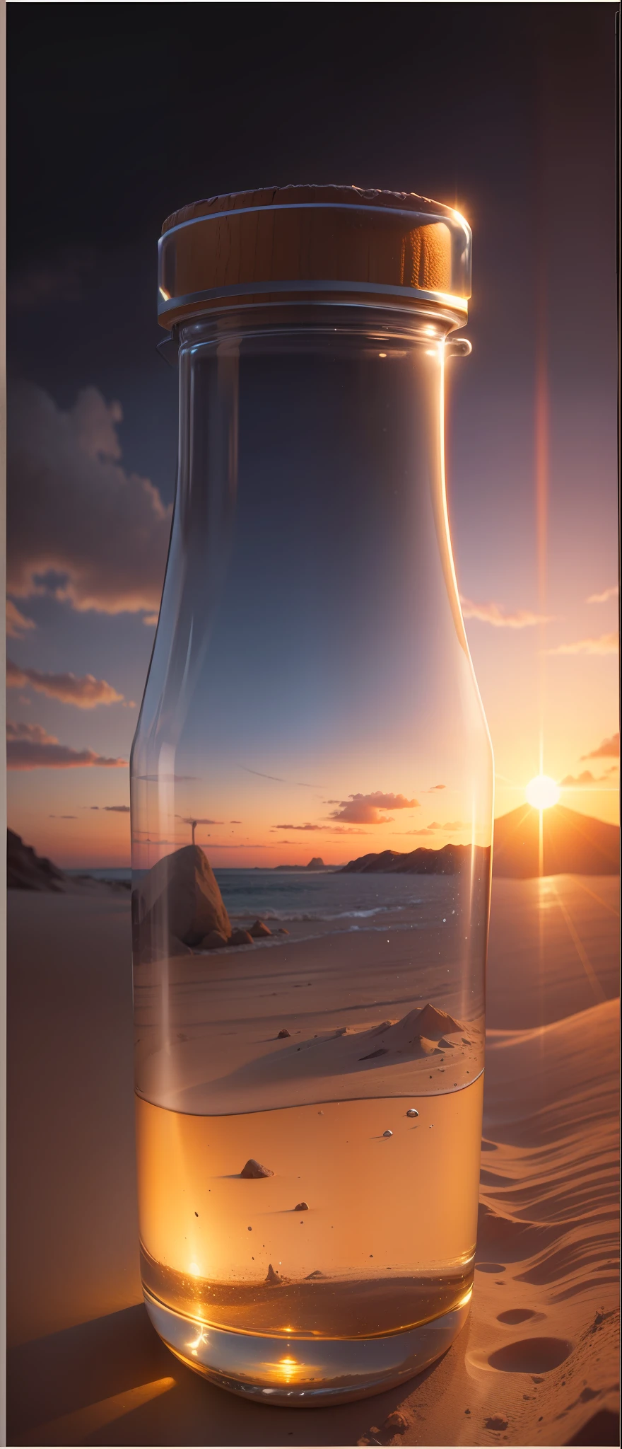 Change this bottle background to a dune,sunset,professional product photography