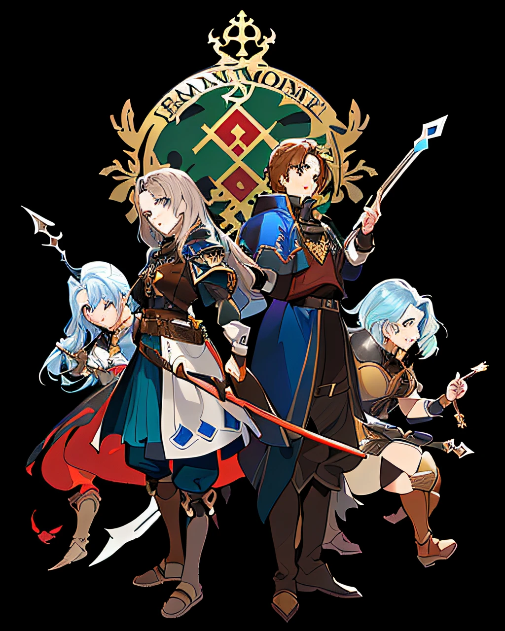 fire emblem with four female characters and a shield, key art, coriolios rpg art style, official artwork, promotional art, dnd fantsay art, jrpg character art, official art, character artwork, rpg artwork, rpg art, high detailed official artwork, rpg character art, rpg illustration, cushart kenz, vox machina, hd artwork