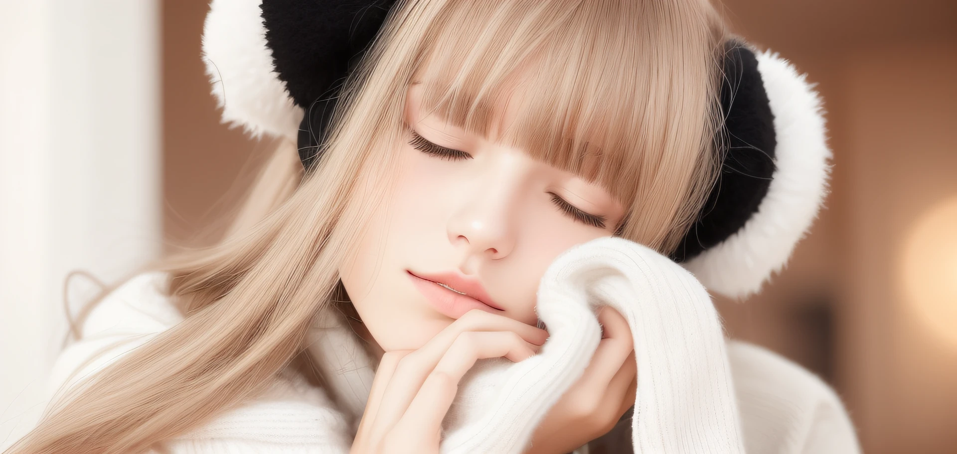 arafed girl with long hair wearing a white sweater and black ear muffs, sleepy, sleepy fashion model face, lalisa manobal, fluffy bangs, white bangs, beautiful cute, cute beautiful, with full bangs, sleeping, cute girl, cute young girl, nina masic, anastasia ovchinnikova, cold but beautiful, sleepy eyes