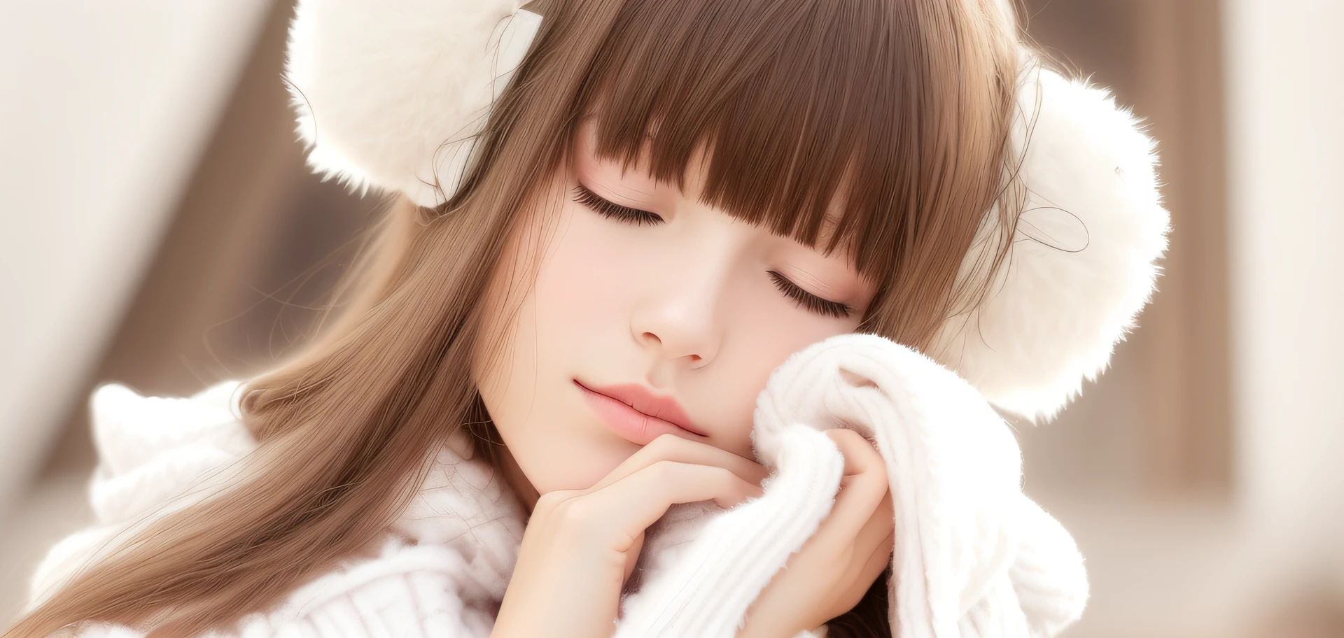 arafed girl with long hair wearing a white sweater and black ear muffs, sleepy, sleepy fashion model face, lalisa manobal, fluffy bangs, white bangs, beautiful cute, cute beautiful, with full bangs, sleeping, cute girl, cute young girl, nina masic, anastasia ovchinnikova, cold but beautiful, sleepy eyes
