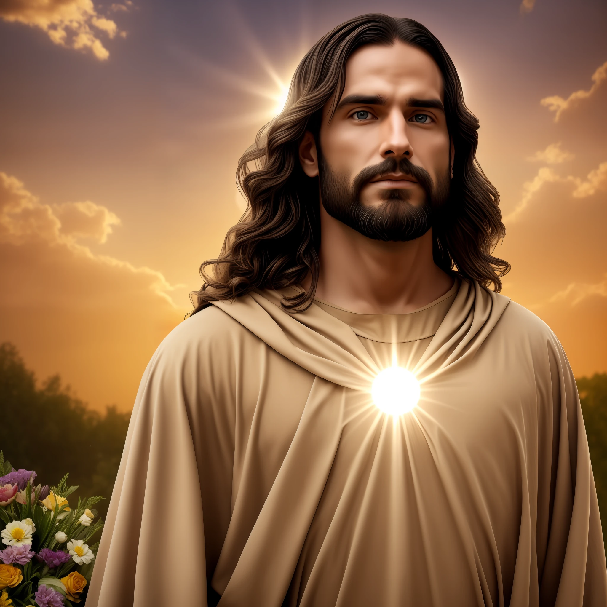 Seth Rollins as Jesus Christ, focus on the details of the face, wearing Crown, sun shining with magical effect, similar to seth rollins, wearing long beige tunic of the Hebrews, Jesus style of the Bible, realistic image, background of the heavenly garden image with animals and flowers, best quality, 8k, focus on the details.