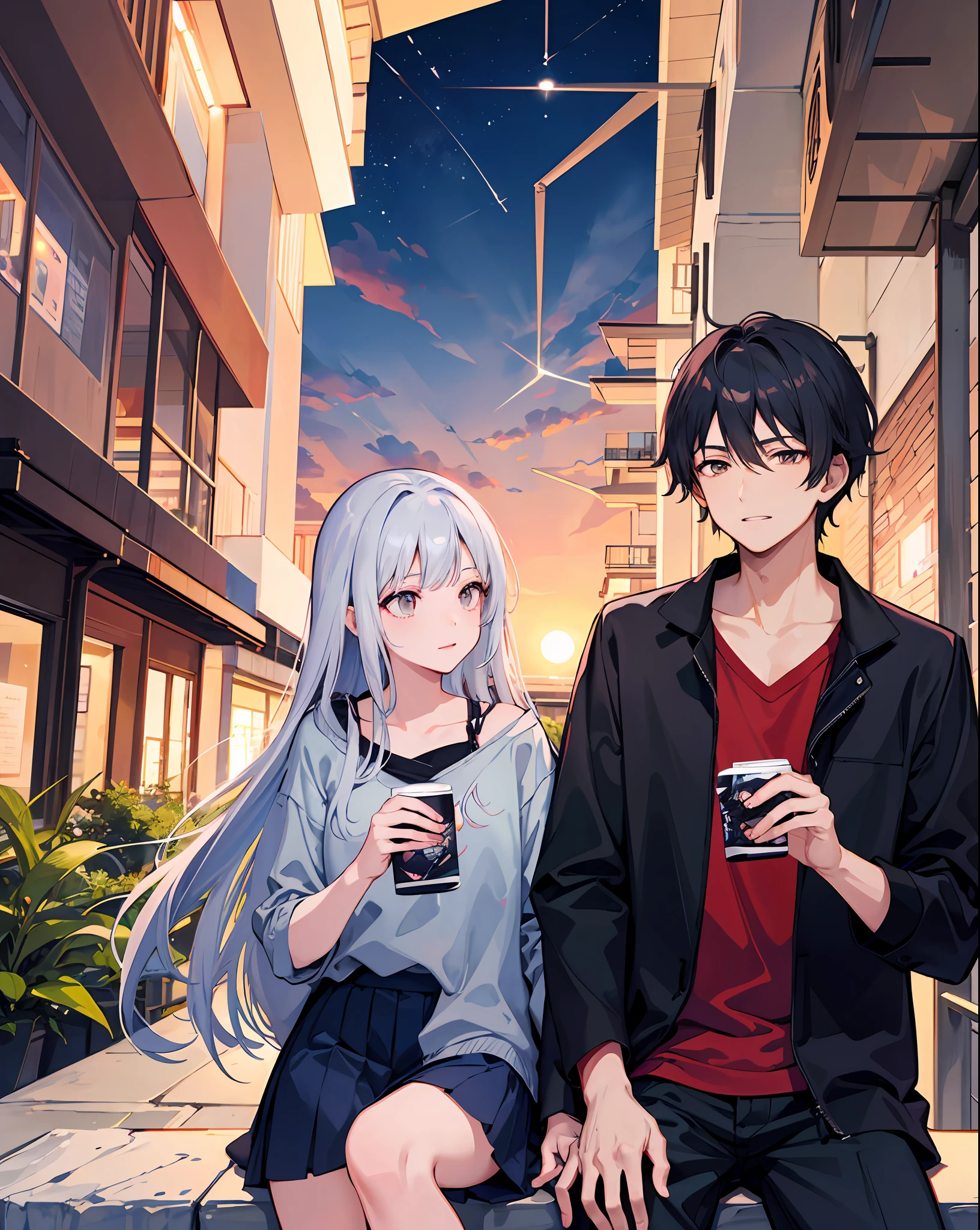 Couple sitting on balcony looking at moon, watching sunset, 4K manga wallpaper