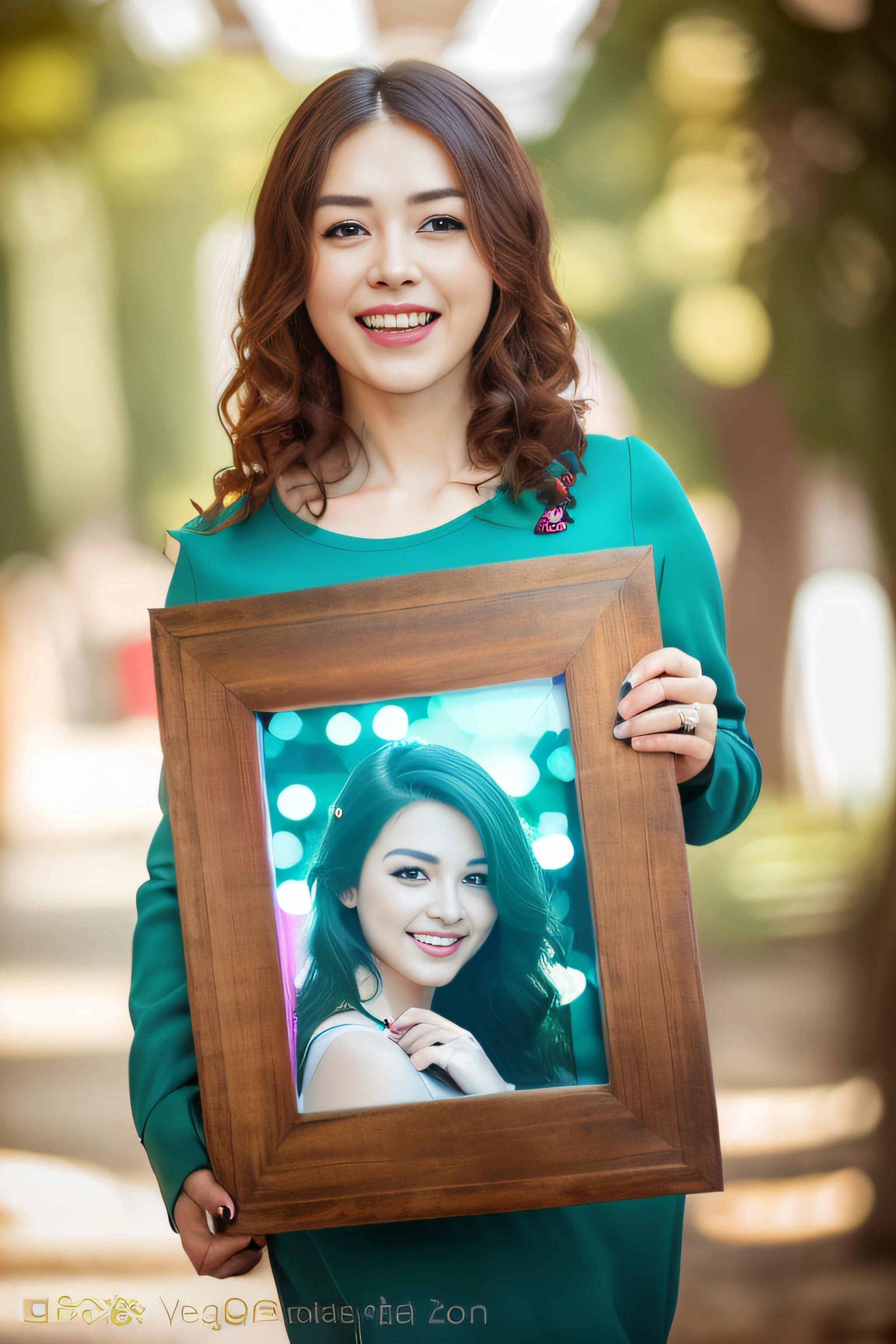 (stunning)) frontal photo of woman, (Christmas tree: 2), (laugh:1.5), epic (photo, studio lighting, hard light, sony A7, 50mm, matte skin, color, ultra-detailed, surreal), ethereal, perfect face, perfect eyes, 4k, well-made girl holding blank photo frame, photo frame, (living room: 1.5), happy, portrait size, high quality portrait, photo shooting, in one frame, her entire head fits in the frame, single portrait, Large portrait, medium length portrait, medium frame portrait, shape picture, perfect framing, photo portrait, wood frame, beautiful wooden frame, full portrait