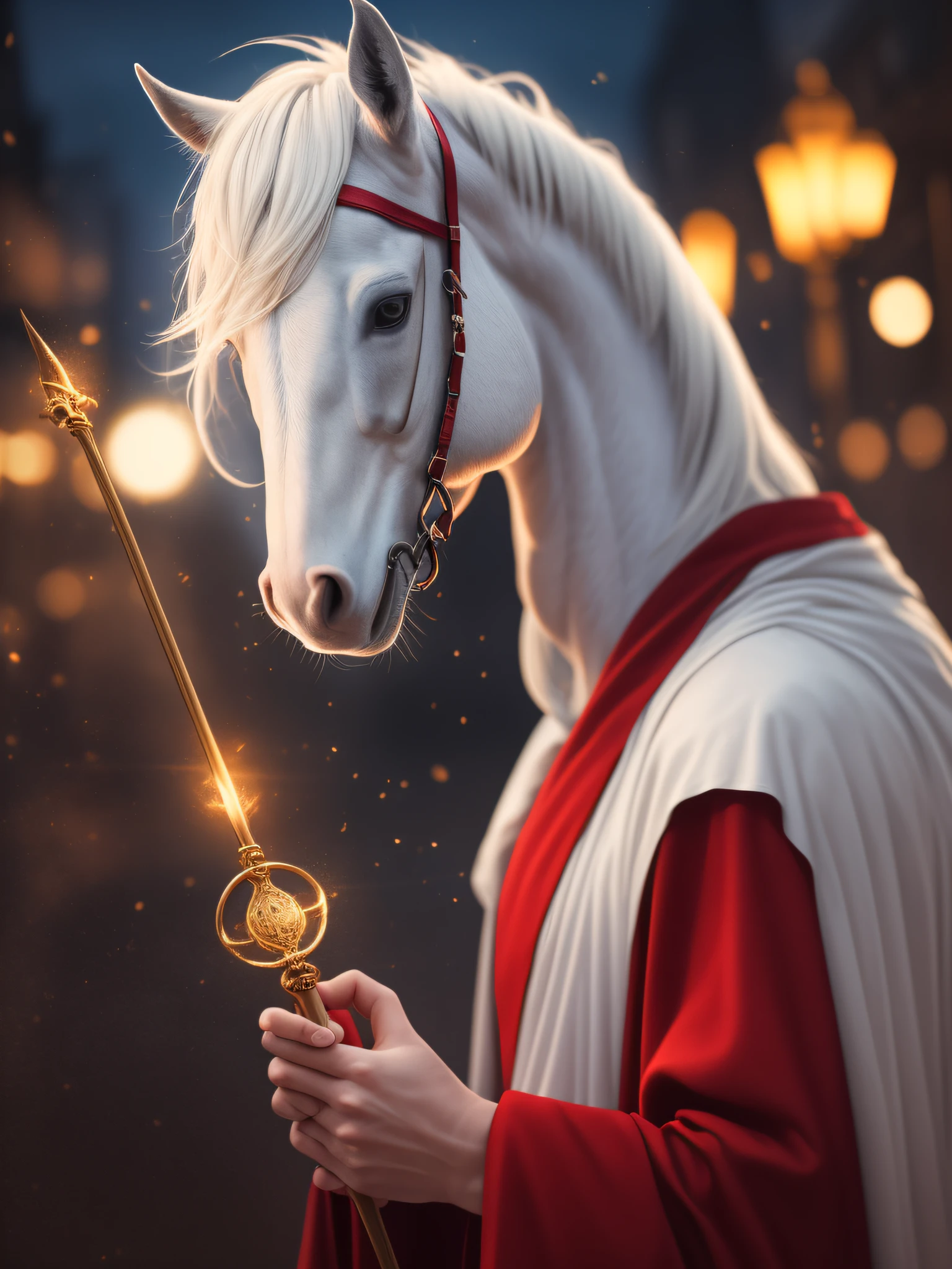 (White horse cute), blur, magician, mystery, city night, holding a magic wand, wearing a red and black robe, no_humans, depth of field, to contrast style, DARK Glam, wearing DRK Glam, deep shadows, (dark: 1.4), (8k, RAW photo, best quality, masterpiece: 1.2)