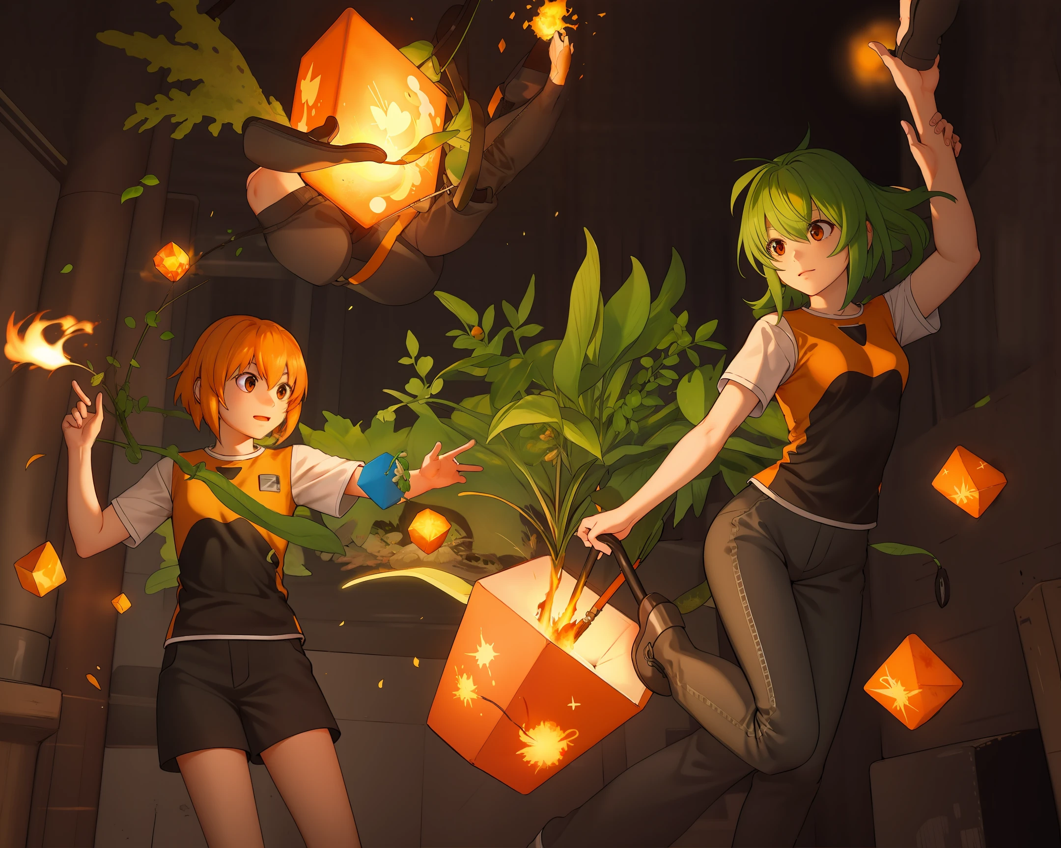 An orange cube with green stem catching fire