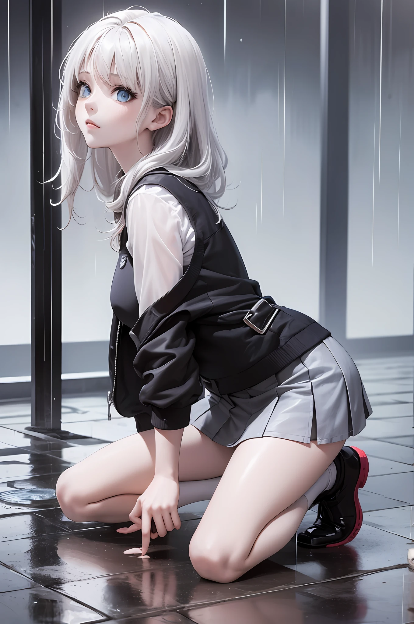 1 girl, anime style, kneeling, hivering, feeling cold, shivering, transparent suspender stockings, leg straps, short skirt, (long white hair), blue eyes, rain-soaked top, rainy day, heartache expression --auto