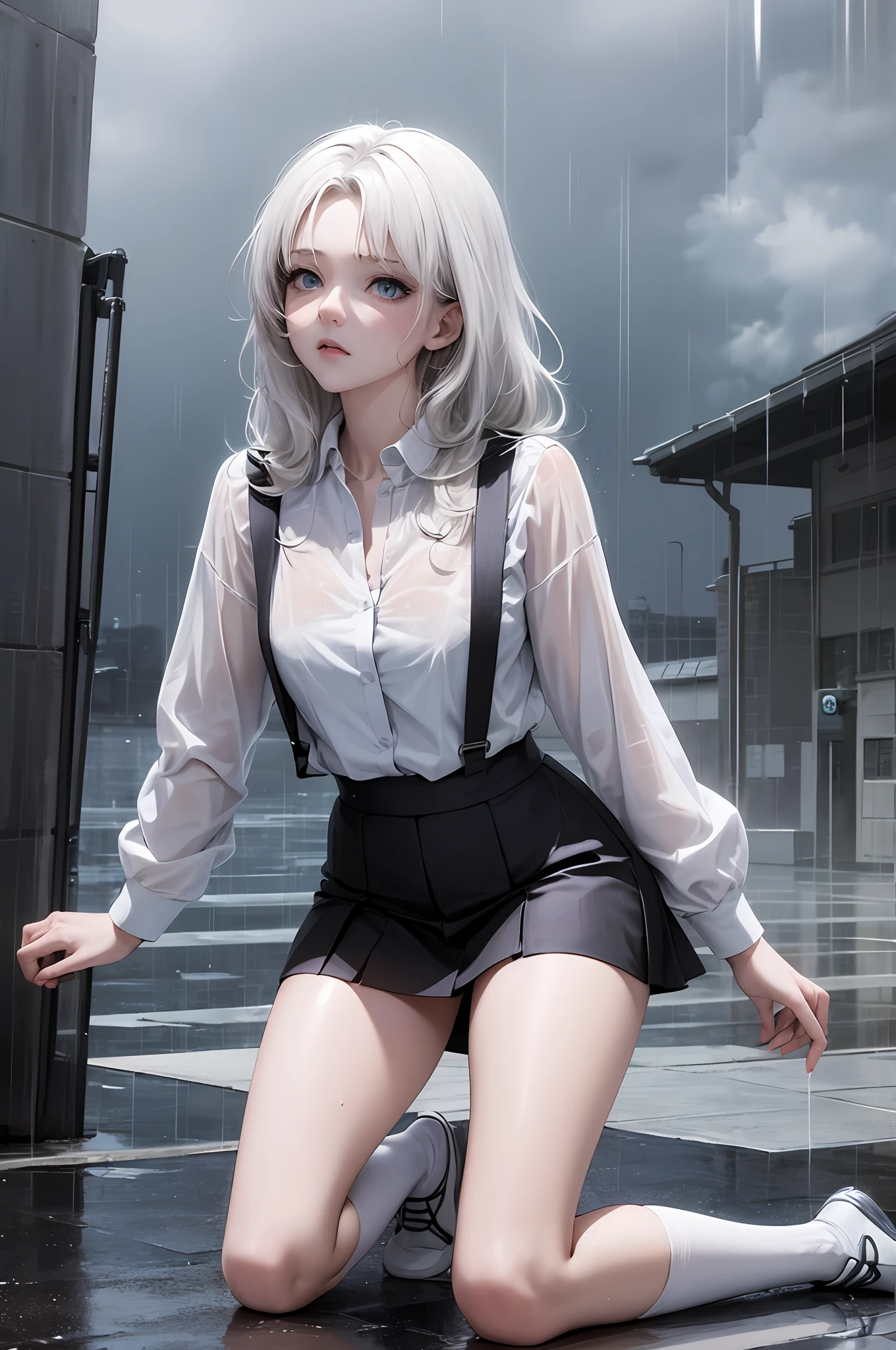 1 girl, anime style, kneeling, hivering, feeling cold, shivering, transparent suspender stockings, leg straps, short skirt, (long white hair), blue eyes, rain-soaked top, rainy day, heartache expression --auto