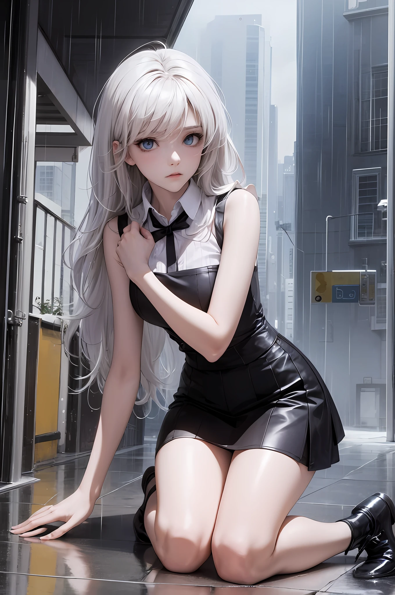 1 girl, anime style, kneeling, hivering, feeling cold, shivering, transparent suspender stockings, leg straps, short skirt, (long white hair), blue eyes, rain-soaked top, rainy day, heartache expression --auto