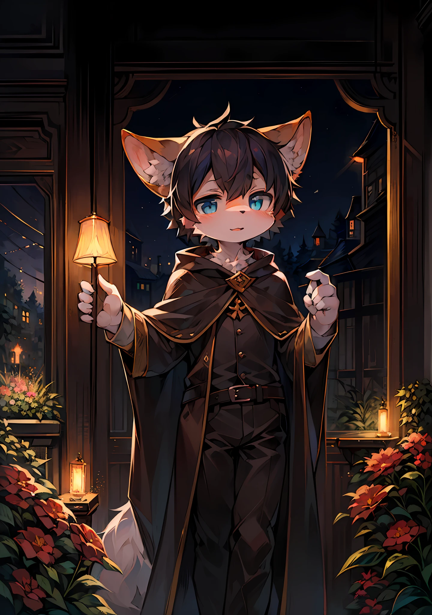 (Dark Environment: 0.8), Masterpiece, High Quality, Abstract Res, Digital Painting\(artwork\), by Dagasi, Yupa, Kiyosan, (Anthro, Fluffy Fur, Character Focus: 1.1), Anthro Male Cat, Short Hair, Portrait , bright eyes, panorama, character focus. (Detailed background: 0.7), Solo, Furry, Furry Male, Male Focus, Antr, (Full body fur, Fluffy tail, White fur, Blue eyes, Black hair: 1.2), (Canids, magicians, capes: 1.2), (Interior, Night, Garden, Birds: 1.1)