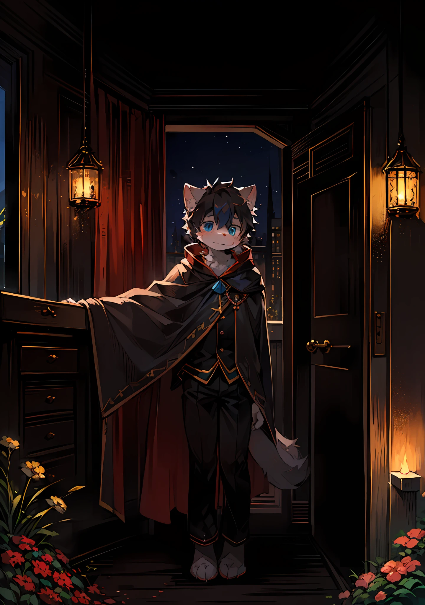 (Dark Environment: 0.8), Masterpiece, High Quality, Abstract Res, Digital Painting\(artwork\), by Dagasi, Yupa, Kiyosan, (Anthro, Fluffy Fur, Character Focus: 1.1), Anthro Male Cat, Short Hair, Portrait , bright eyes, panorama, character focus. (Detailed background: 0.7), Solo, Furry, Furry Male, Male Focus, Antr, (Full body fur, Fluffy tail, White fur, Blue eyes, Black hair: 1.2), (Canids, magicians, capes: 1.2), (Interior, Night, Garden, Birds: 1.1)