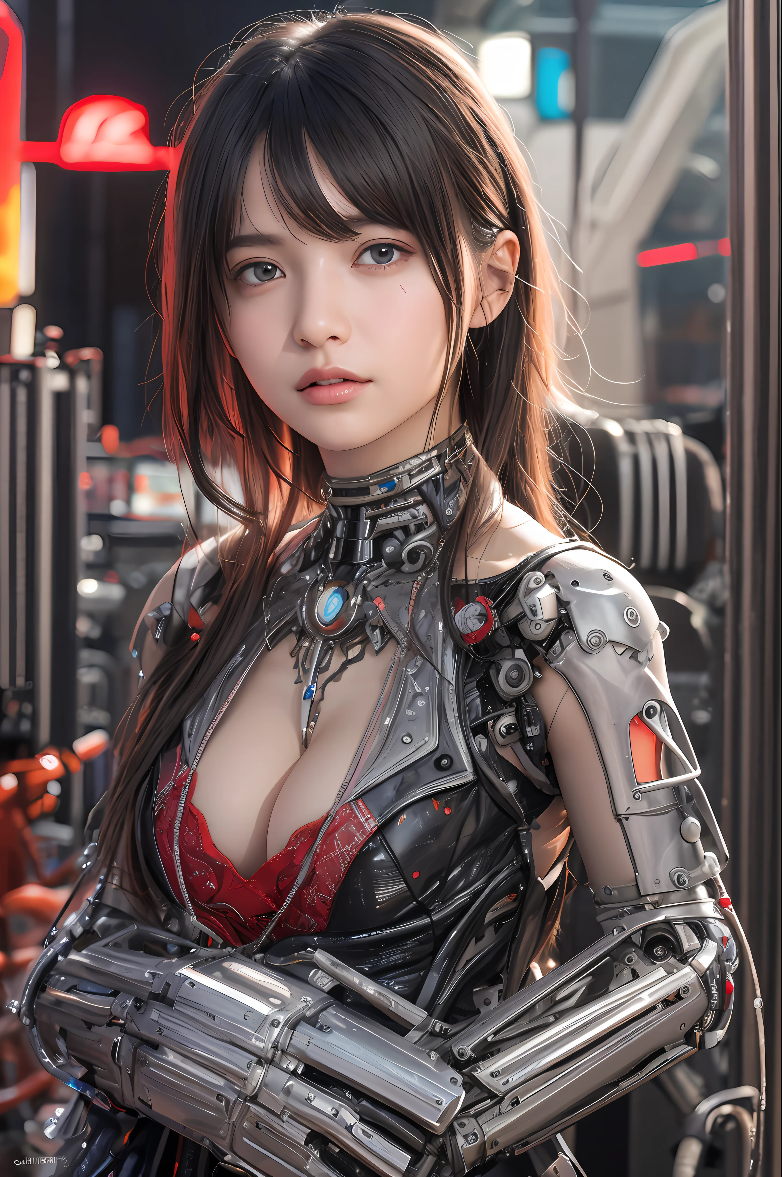 Top Quality, Masterpiece, Ultra High Resolution, (Photorealistic: 1.4), Raw Photo, 1 Girl, Black Hair, Glossy Skin, 1 Mechanical Girl, (Ultra Realistic Details)), Portrait, Global Illumination, Shadows, Octane Rendering, 8K, Ultra Sharp, Glossy Skin, Realistic Skin, Big, Cleavage Exposed Raw Skin, Metal, Intricate Ornaments Details, Indian details, very intricate details, realistic light, CGSoation trend, purple eyes, glowing eyes, facing the camera, neon details, mechanical limbs, blood vessels connected to tubes, mechanical vertebrae attached to the back, mechanical cervical attachment to the neck, sitting, wires and cables connecting to the head, Evangelion, small LED lamp, Background is the cockpit of a futuristic spaceship