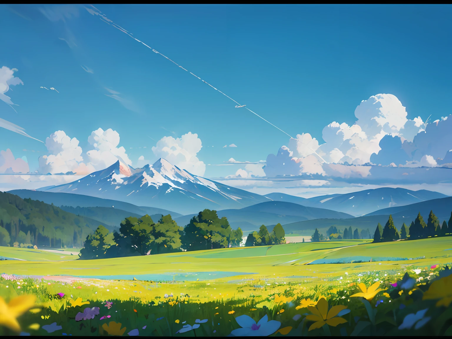 Valley, lots of mountains, lots of trees, summer, meadows, small flowers, blue sky and white clouds, hot weather, HD details, hyper-detail, cinematic, surrealism, soft light, deep field focus bokeh, distant snow mountains, ray tracing, surrealism. --v6