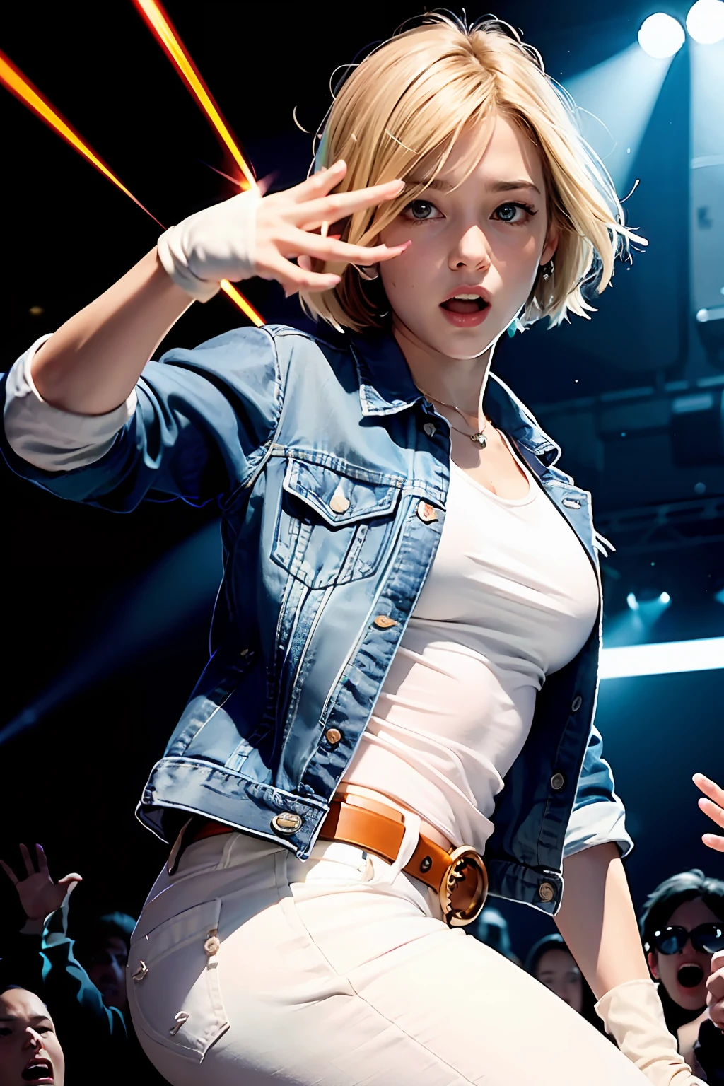 (((1 girl, cute, denim jacket, white top, jeans, gloves, blonde, short hair, short hair, side hair, blue eyes)), ((blonde))), dynamic pose, cartoon style, intense guitar playing, and upbeat moments, depicting the crowd of various characters with dramatic speed lines and bold sound effects, capturing the excitement and energy of the story, laser beams from the palm of the hand, forward attacks with the palm of the hand