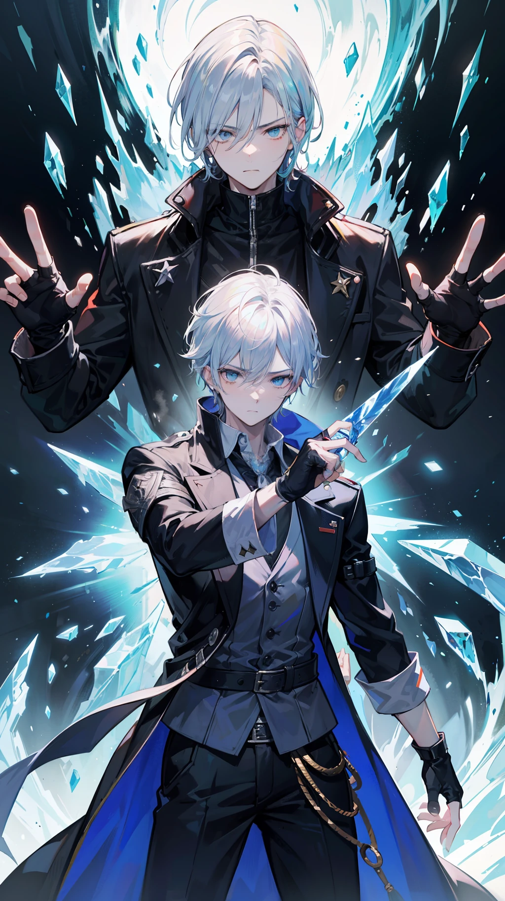 Description: A brooding and enigmatic young man with silver hair, icy blue eyes, and a mysterious aura. Often wears a long black trench coat and fingerless gloves.
Personality: Koji is calm, reserved, and tends to keep his emotions in check. He carries a burdened past and is driven by a personal quest for redemption.
Abilities: Wields elemental manipulation, particularly over ice, and is highly skilled in martial arts