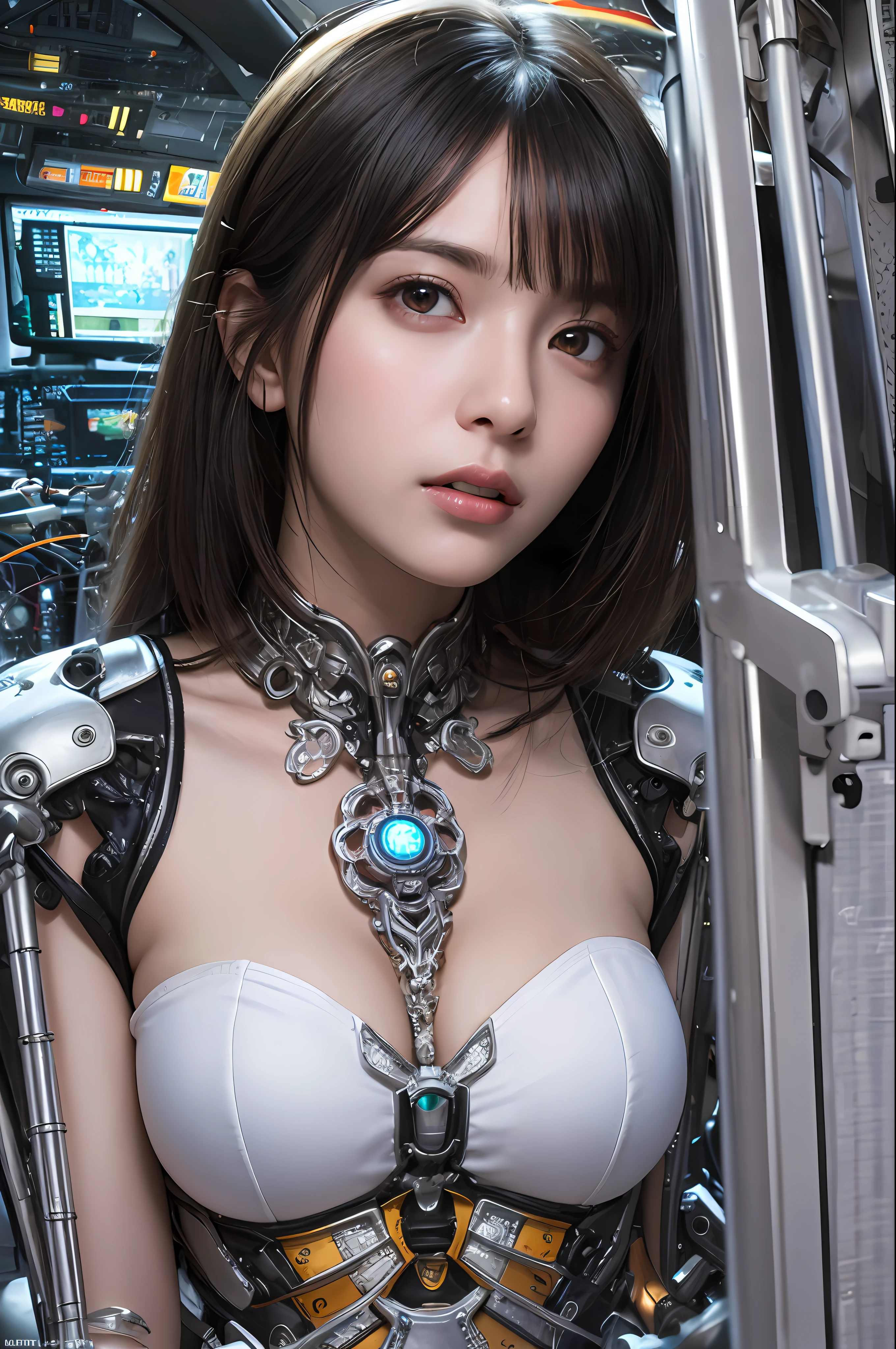 Top Quality, Masterpiece, Ultra High Resolution, (Photorealistic: 1.4), Raw Photo, 1 Girl, Black Hair, Glossy Skin, 1 Mechanical Girl, (Ultra Realistic Details)), Portrait, Global Illumination, Shadows, Octane Rendering, 8K, Ultra Sharp, Glossy Skin, Realistic Skin, Big, Cleavage Exposed Raw Skin, Metal, Intricate Ornaments Details, Indian details, very intricate details, realistic light, CGSoation trend, purple eyes, glowing eyes, facing the camera, neon details, mechanical limbs, blood vessels connected to tubes, mechanical vertebrae attached to the back, mechanical cervical attachment to the neck, sitting, wires and cables connecting to the head, Evangelion, small LED lamp, Background is the cockpit of a futuristic spaceship