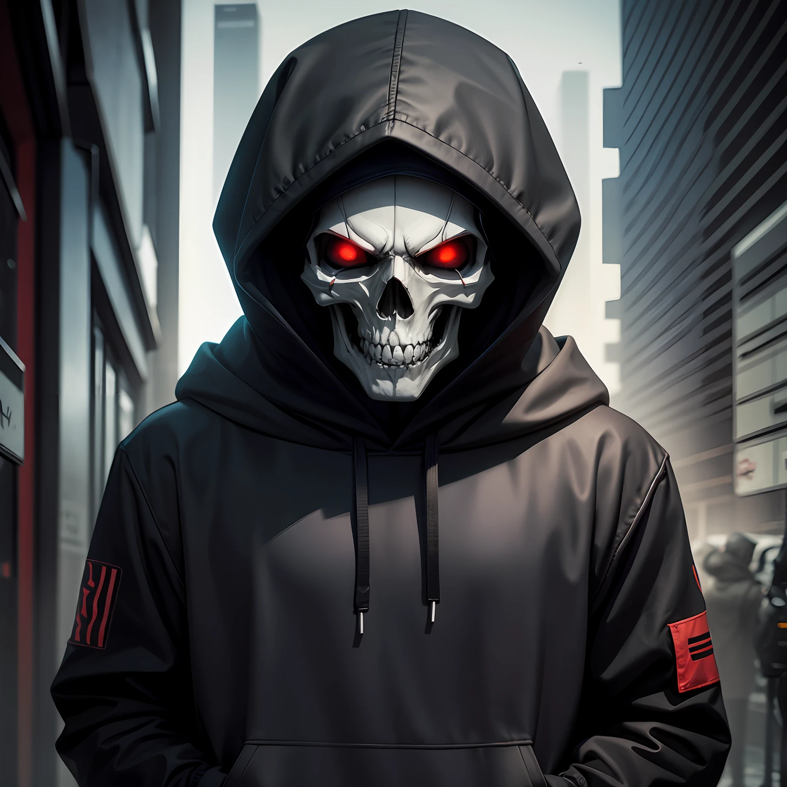 hacker with black hood and skull mask, --auto