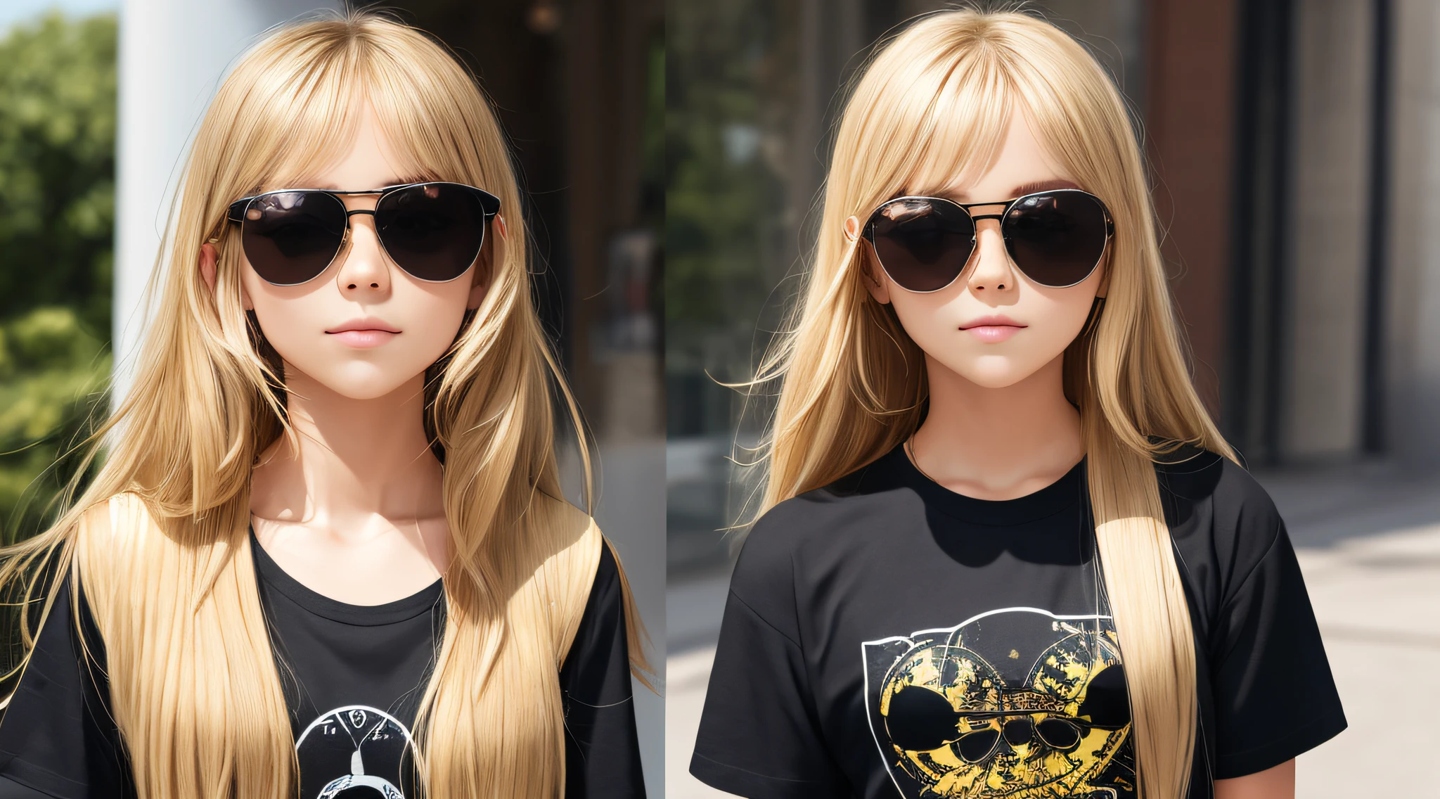 blond girl with sunglasses and a black shirt posing for a picture, wearing mirrored sunglasses, with sunglass, with sunglasses, wearing cool sunglasses, mirror shades, with mirrorshades sunglasses, sunglasses on, wearing gold glasses, cool sunglasses, wearing sunglasses, in sun glasses, kid, next gen, reflective sunglasses, looking heckin cool and stylish, girl with glasses