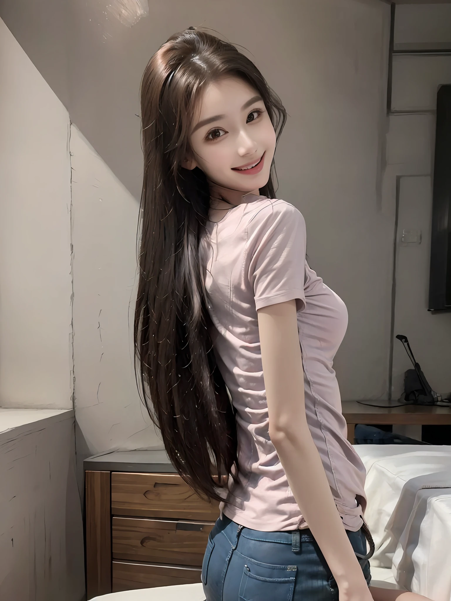 Realistic, High resolution, 1 girl, long hair, Korean, bedroom, sitting upright, smiling, slightly hunched, big breasts: 1.2, (((pink tight short sleeve T-shirt))), back turn, looking back, correct proportions