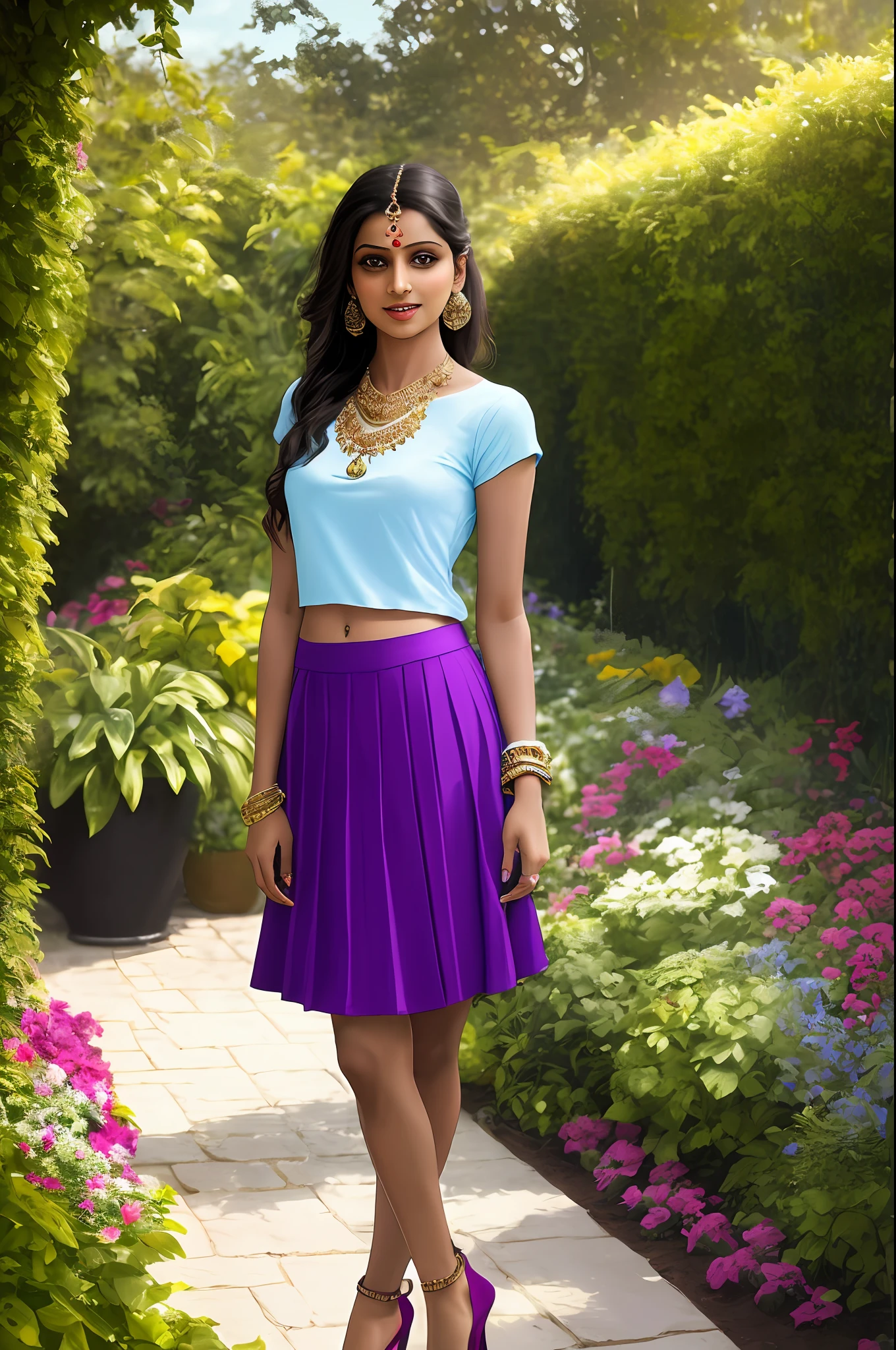 Sure! Here's an optimized prompt based on the given description:
"A seductive Indian girl, adorned with exquisite jewelry, wearing a light sky blue top and light purple raffle skirt . Showcasing her legs in a realistic and highly detailed manner, she poses alluringly in front of the camera. In garden. Sexy poses