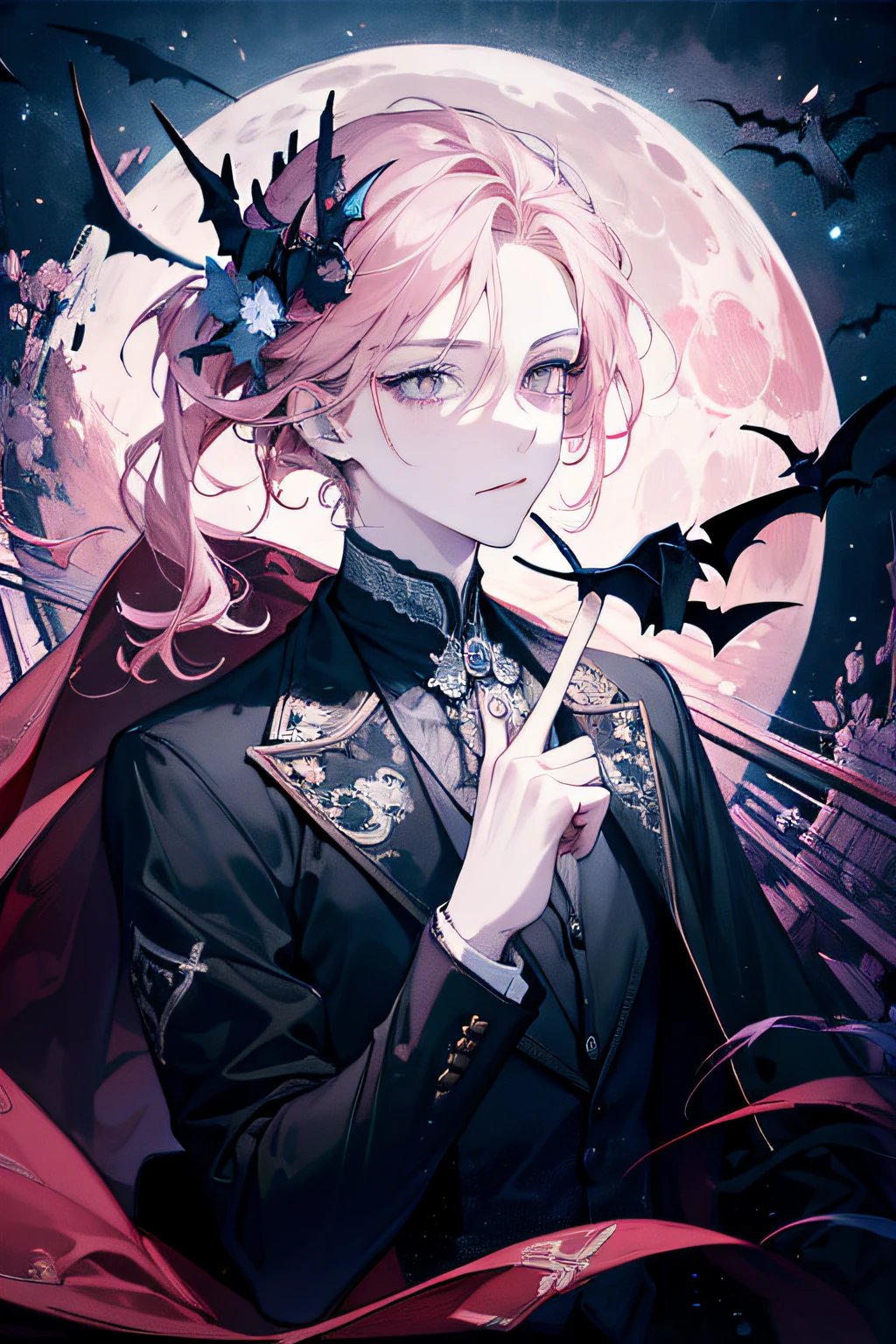 (absurdres, highres, ultra detailed), 1 male, adult, cute, finely detailed eyes, pink color hair, fantasy, complex pattern, detailed face, church, magic effect, best ratio four finger and one thumb, vampire, pink, bats, pink glowing moon, (dutch angle), upper body