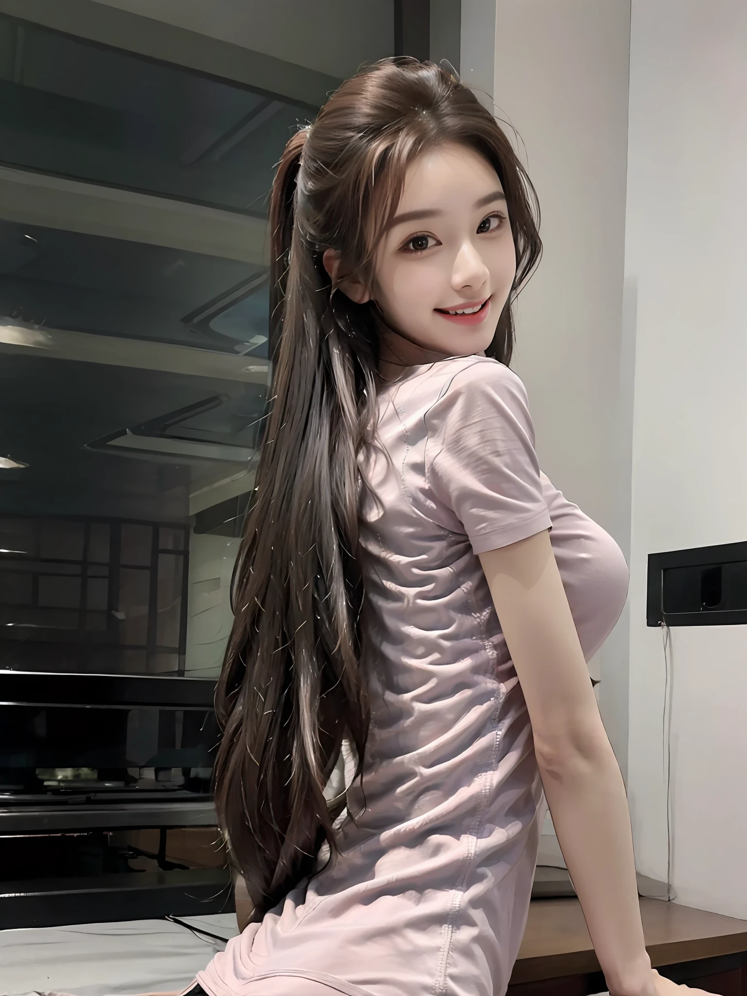 Realistic, High resolution, 1 girl, long hair, Korean, bedroom, sitting upright, smiling, slightly hunched, big breasts: 1.2, (((pink tight short sleeve T-shirt))), back turn, looking back, correct proportions