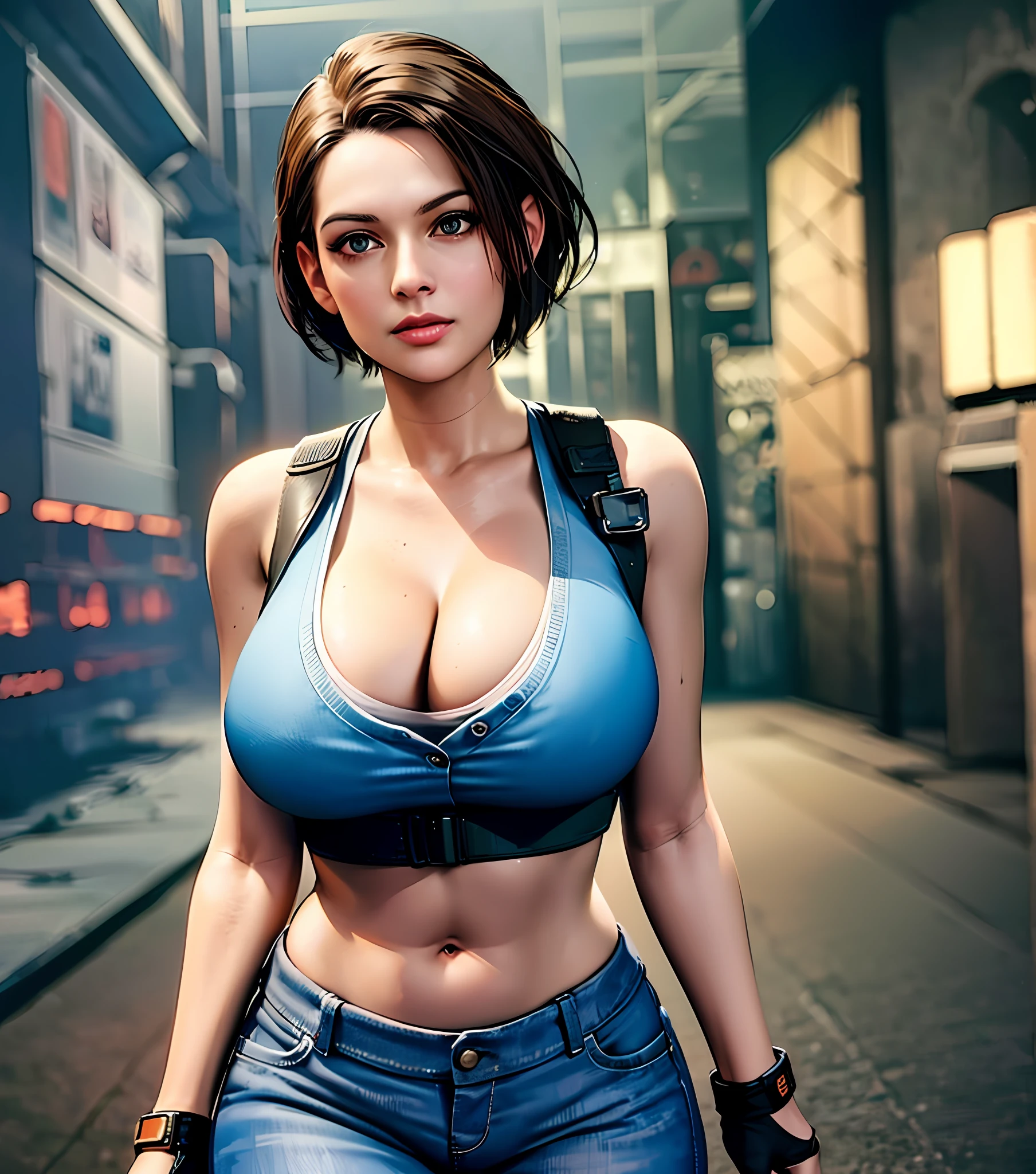 a close up of a woman in a uniform posing for a picture, glamorous jill valentine, female protagonist 👀 :8, chloe price, cyberpunk 2 0 y. o model girl, ultra realistic concept art, officer, resident evil inspired, background of resident evil game, better known as amouranth, resident evil, cyberpunk girl, sexy girl, thicc, female protagonist, big boobs, (gigantic boobs), cleavage, show cleavage, skimpy t-shirt, full body, full body shot, skimpy military short jeans, sexy, sexy lewd, lewd, show much skin.