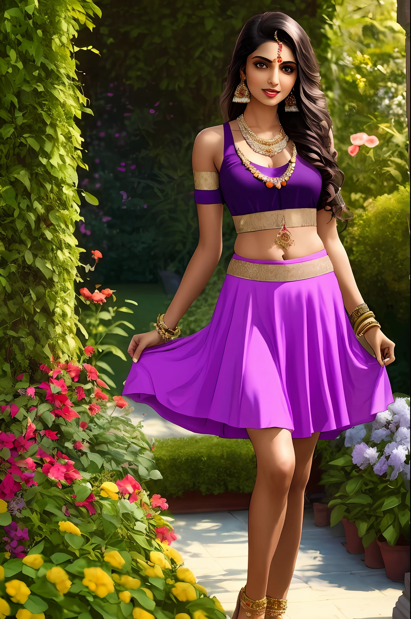 Sure! Here's an optimized prompt based on the given description:
"A seductive Indian girl, adorned with exquisite jewelry, wearing a light brown top and light purple raffle skirt . Showcasing her legs in a realistic and highly detailed manner, she poses alluringly in front of the camera. In garden. Sexy poses