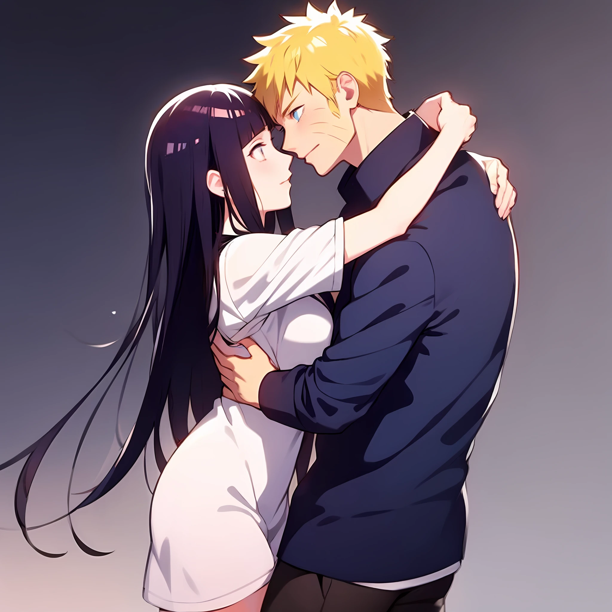 blonde man, dark blue hair girl, naruhina, hug, masterpiece, couple, standing, royalti, nobility