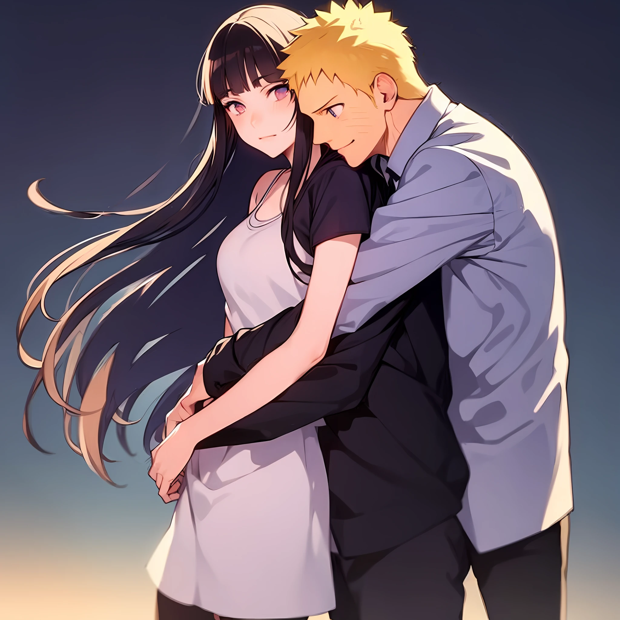 blonde man, dark blue hair girl, naruhina, hug, masterpiece, couple, standing, royalti, nobility