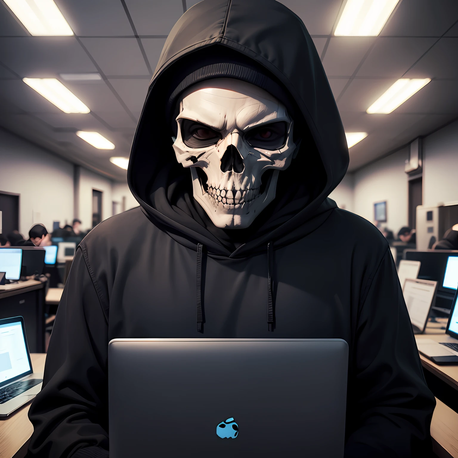 Hacker with black hood and skull mask, in a room full of computers and spied on the government --auto